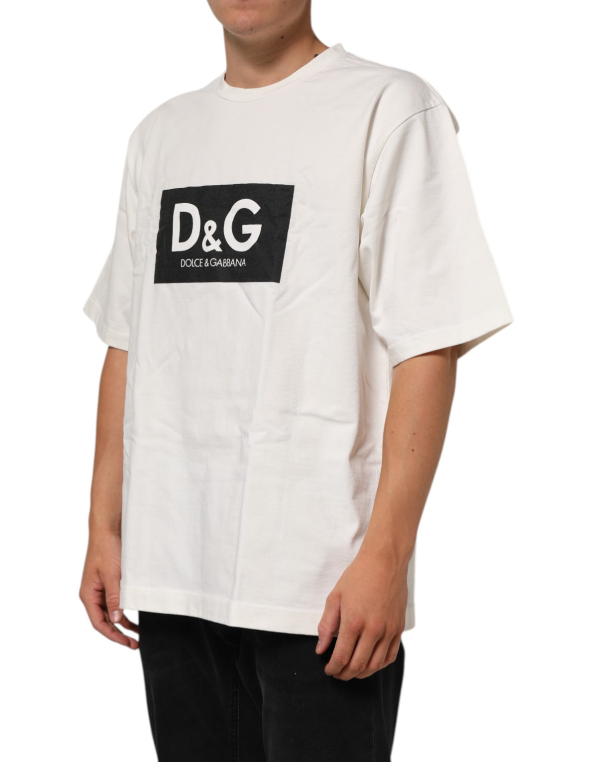 Dolce & Gabbana White Logo Print Cotton Crew Neck Men T-shirt