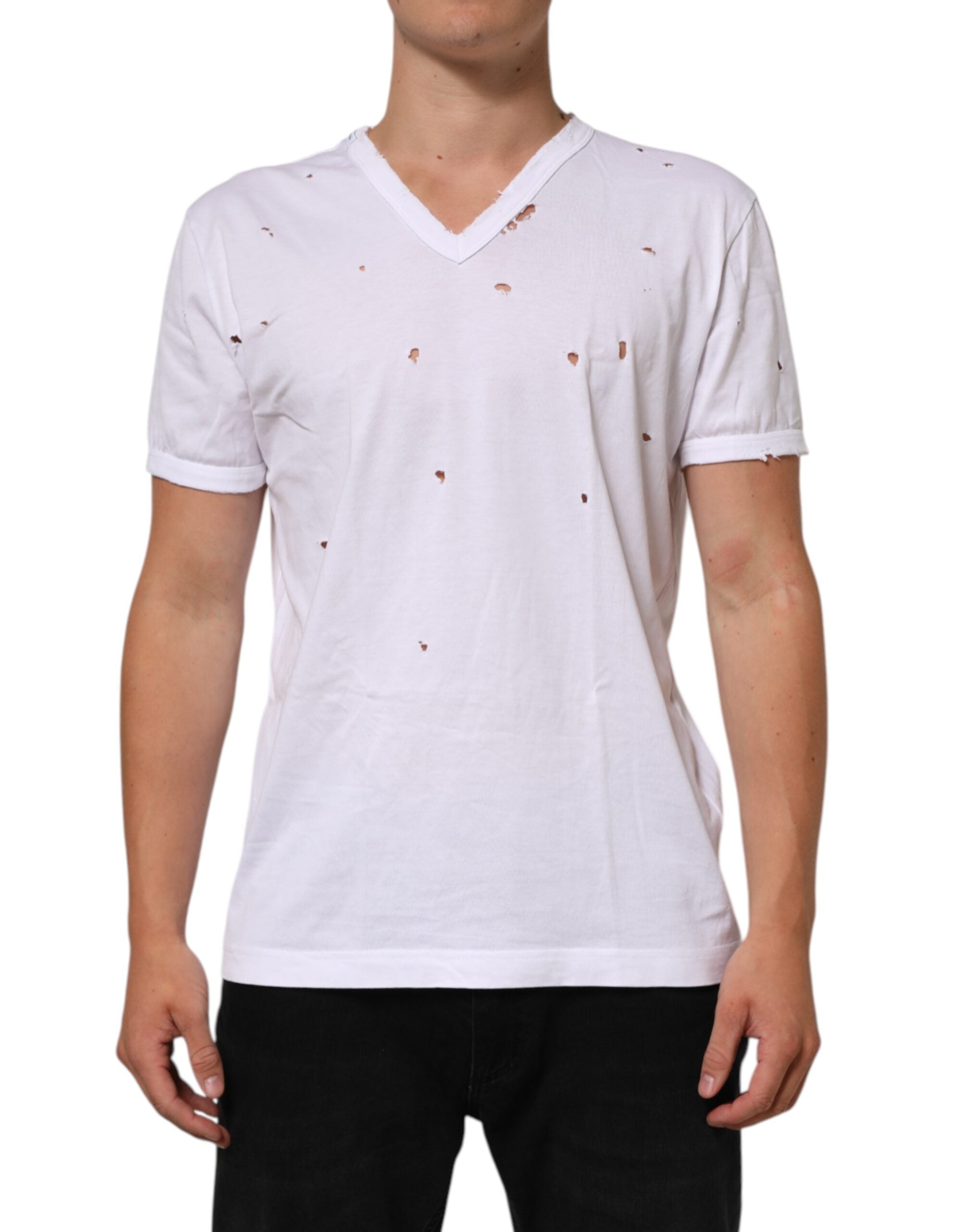 Dolce & Gabbana White Distressed Cotton V Neck Men T-shirt Dolce & Gabbana