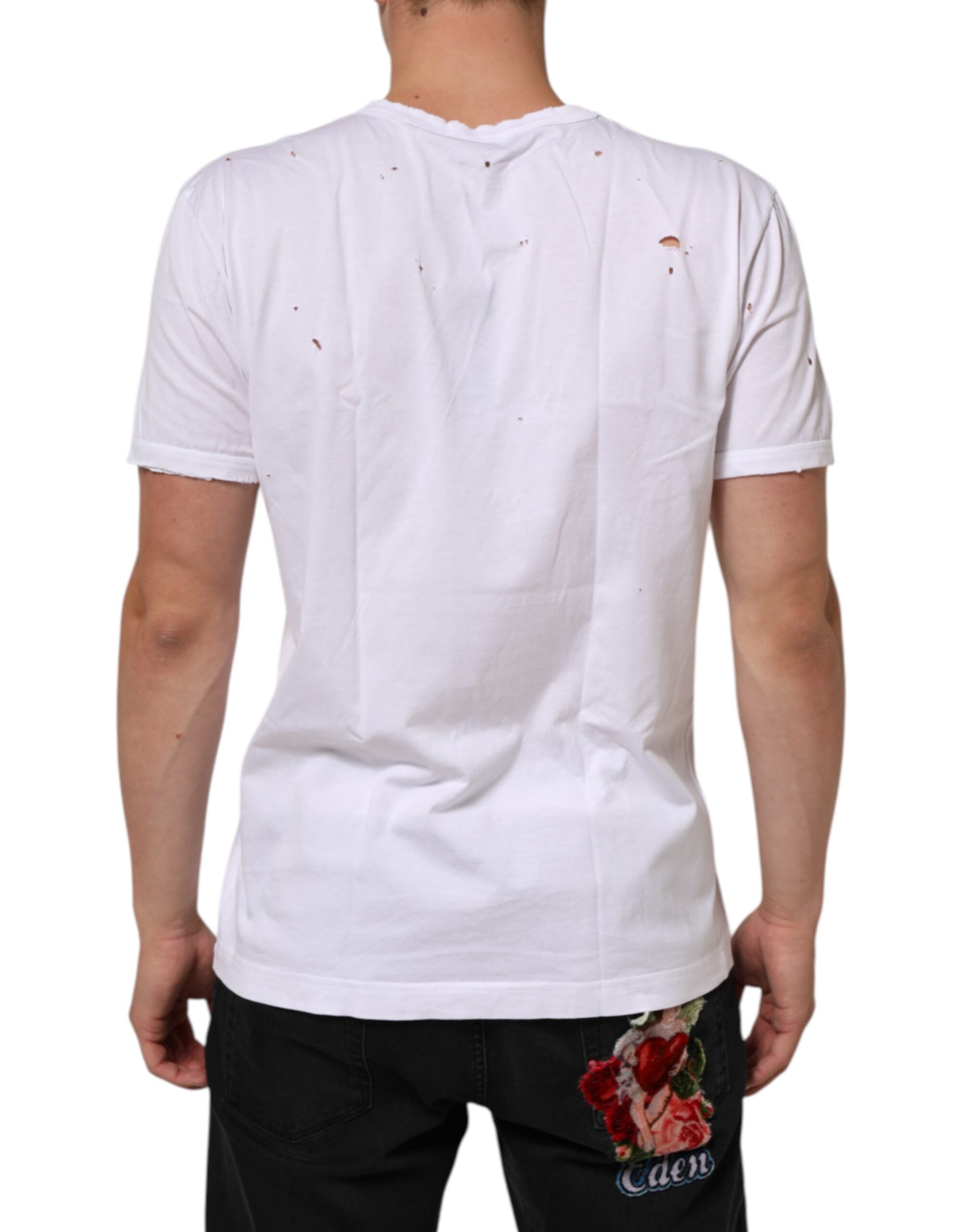 Dolce & Gabbana White Distressed Cotton V Neck Men T-shirt Dolce & Gabbana
