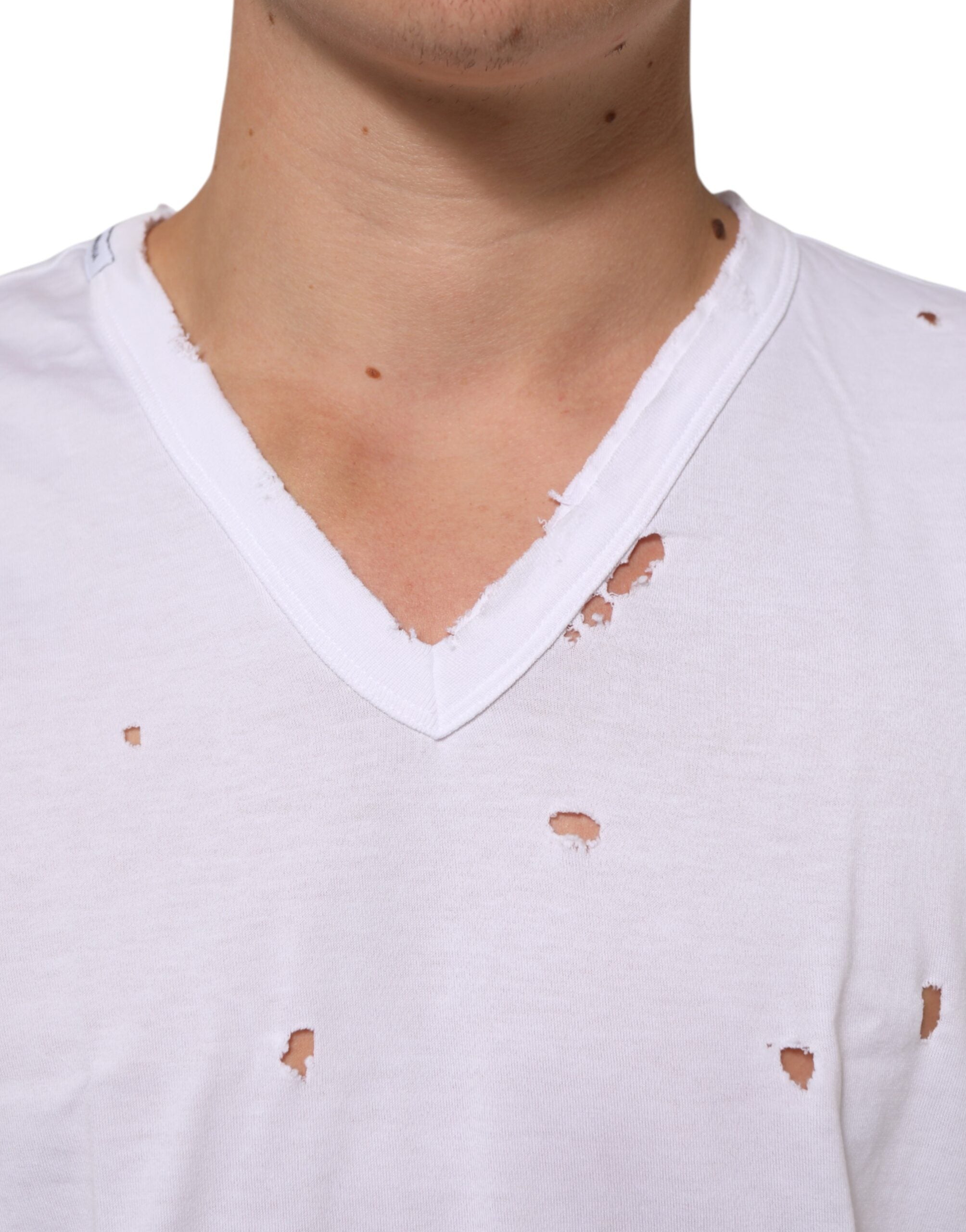 Dolce & Gabbana White Distressed Cotton V Neck Men T-shirt Dolce & Gabbana