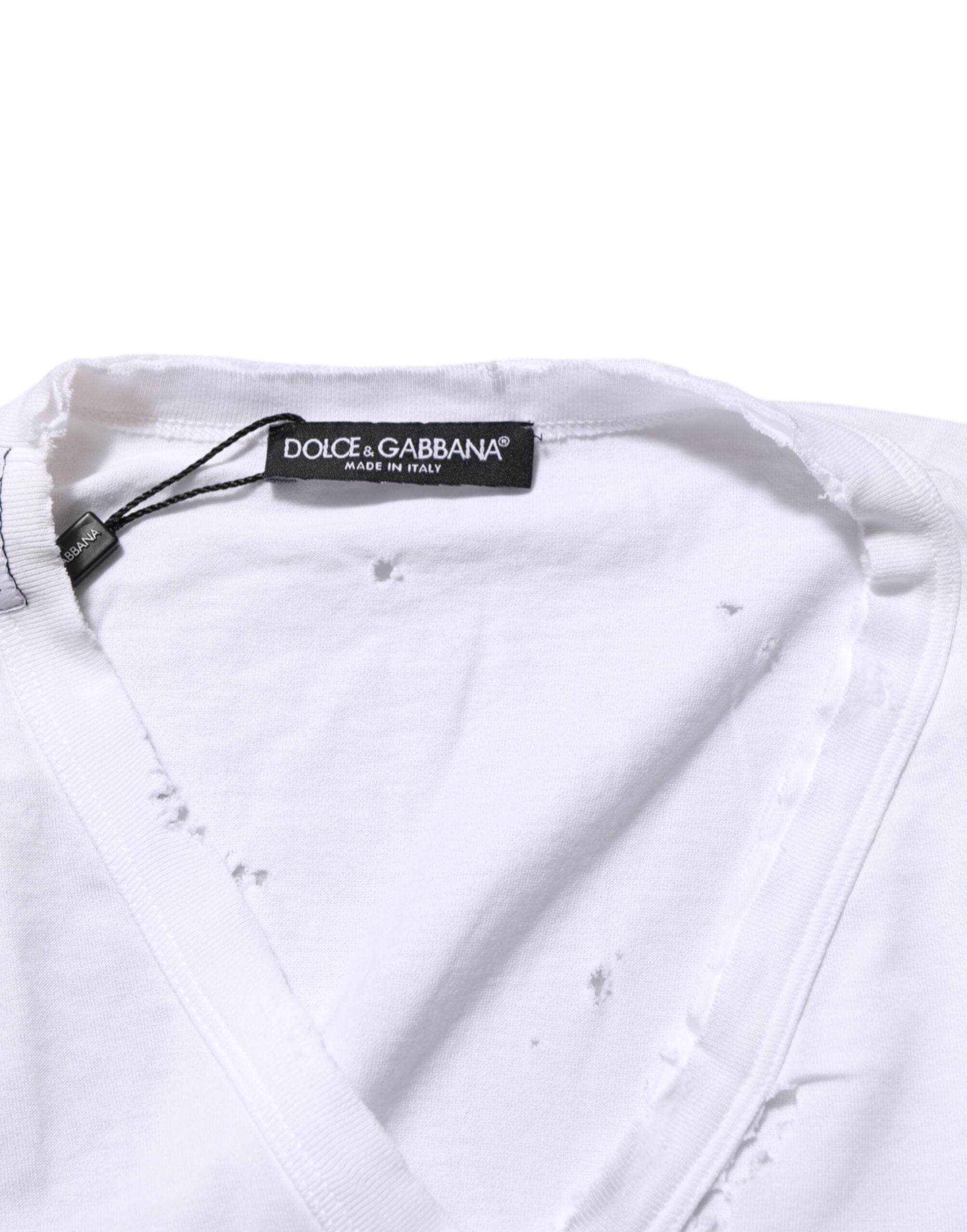 Dolce & Gabbana White Distressed Cotton V Neck Men T-shirt Dolce & Gabbana