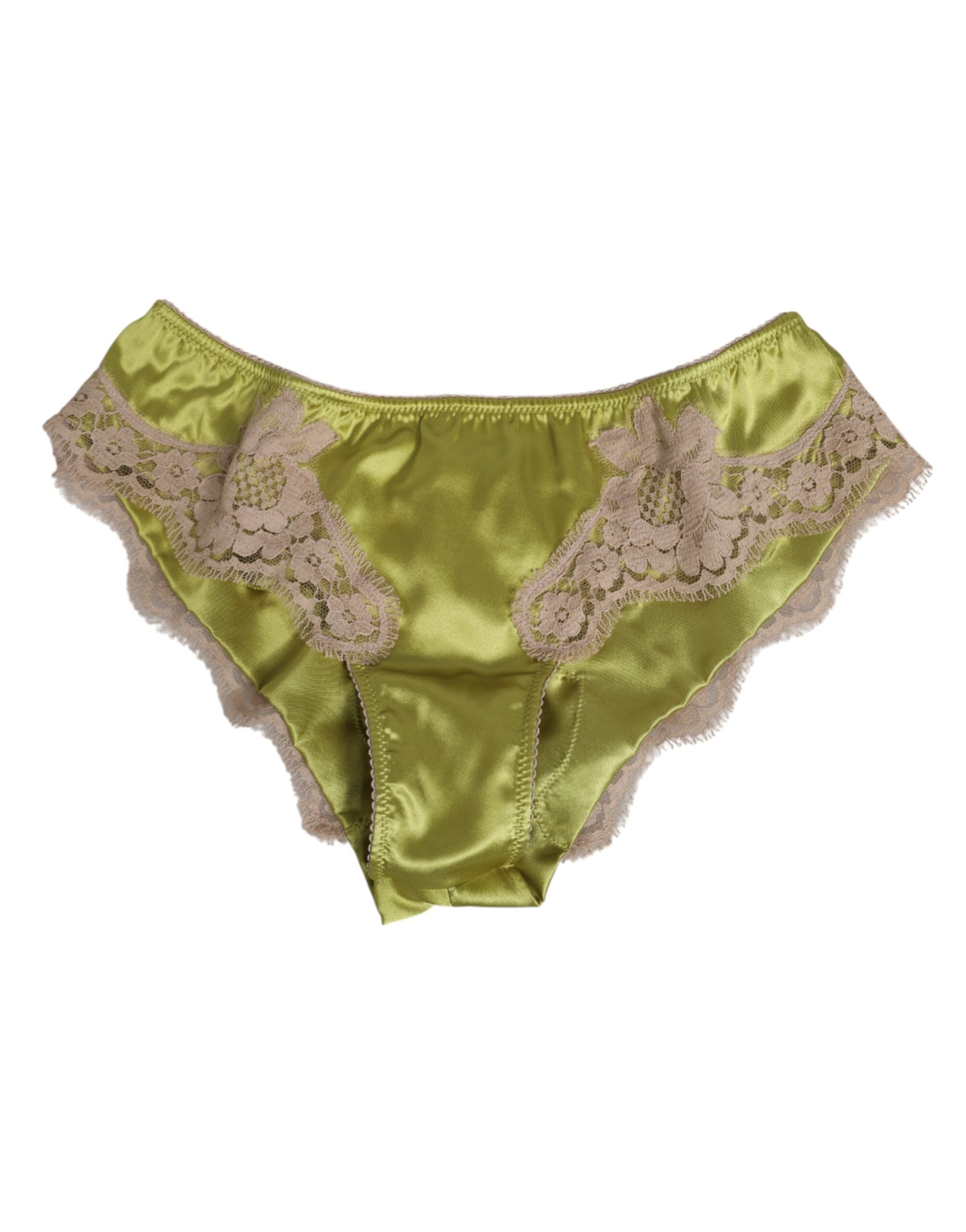 Dolce & Gabbana Green Silk Satin Floral Lace Trim Panty Underwear Dolce & Gabbana
