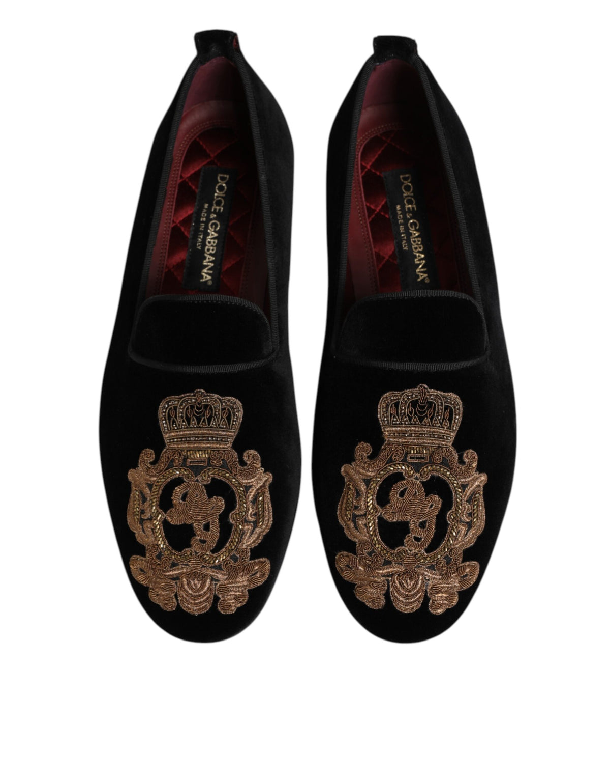 Dolce & Gabbana Black Velvet Gold Crown Mens Loafers Shoes