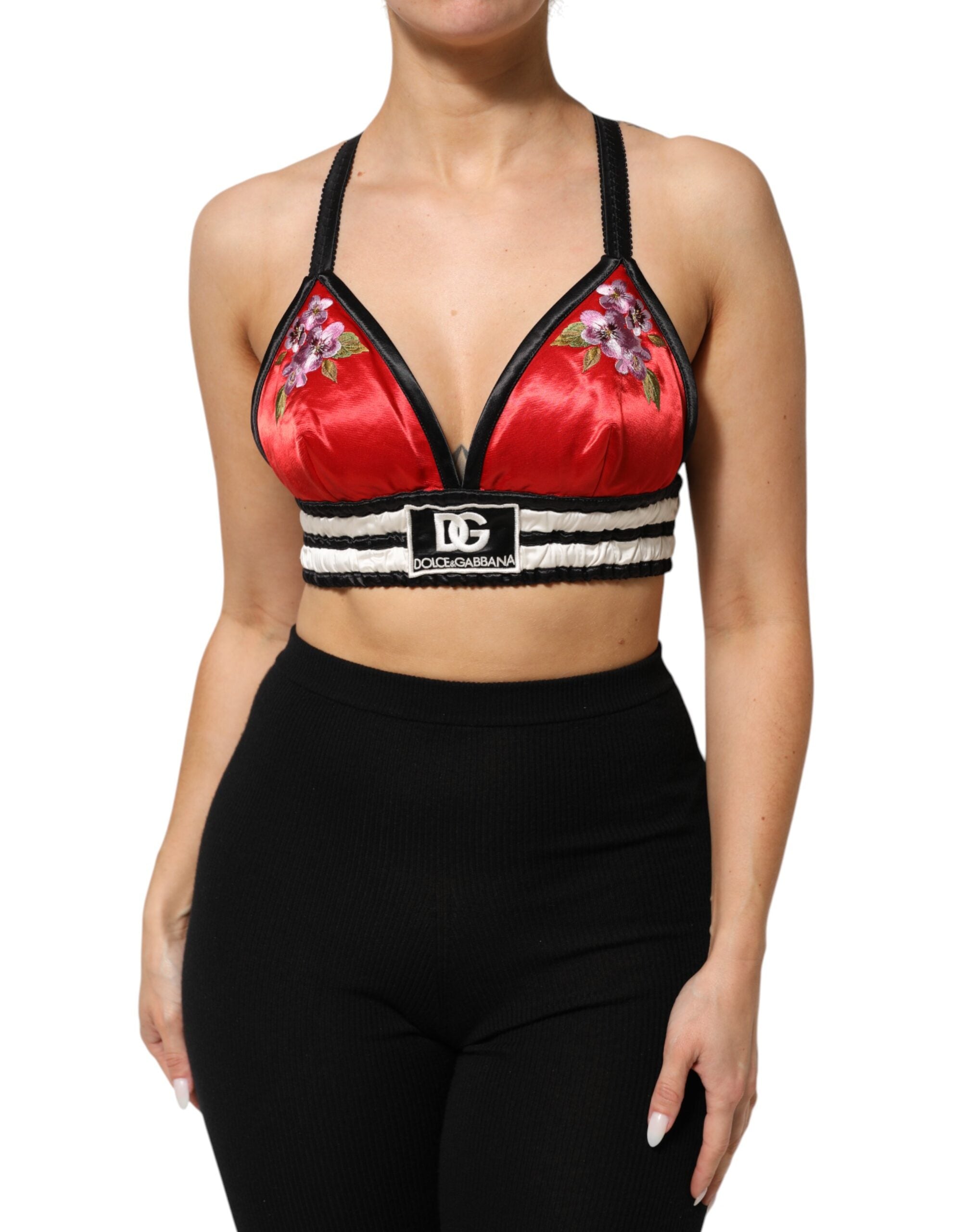 Dolce & Gabbana Red Satin Floral Embroidered Bralette Crop Top Dolce & Gabbana