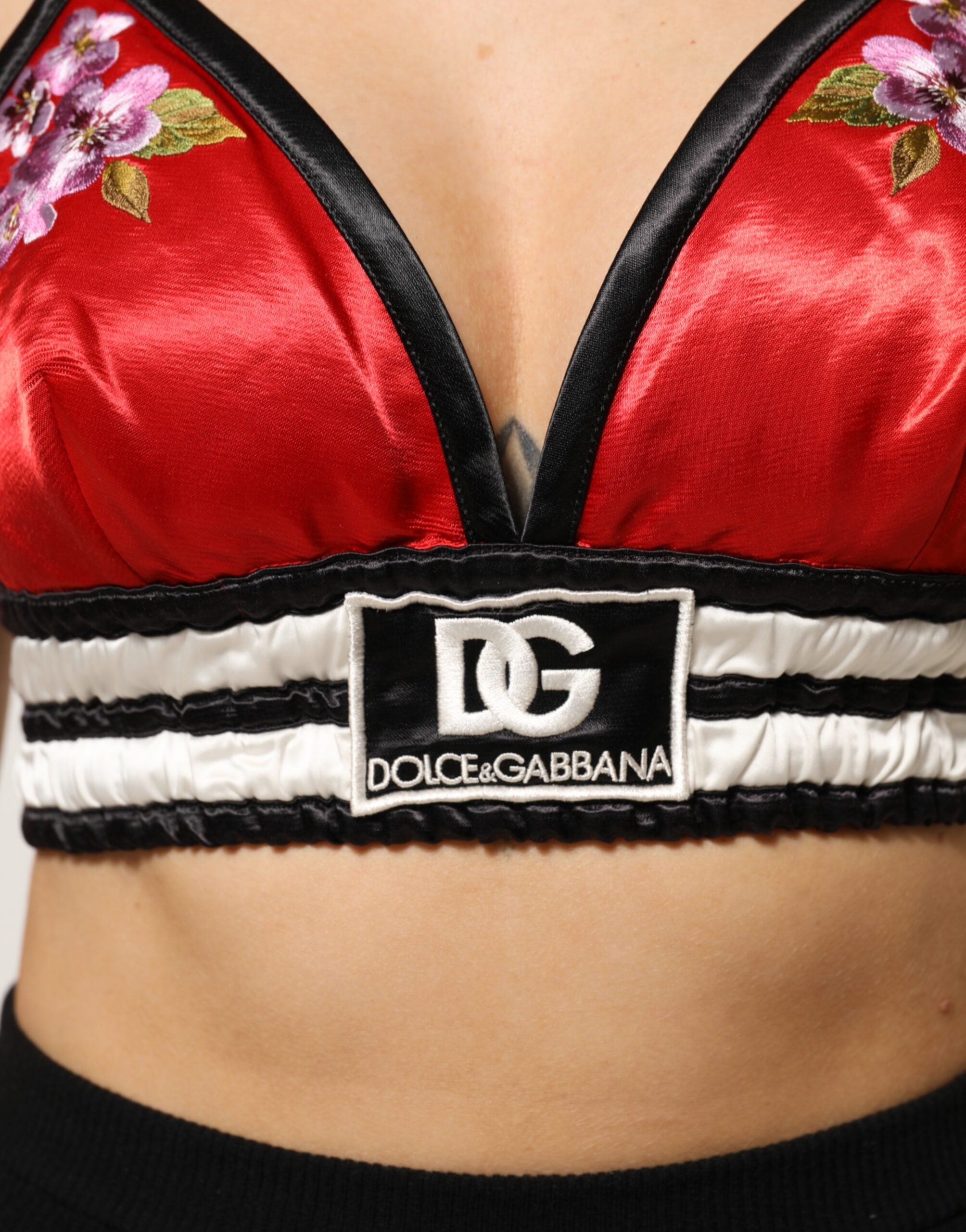 Dolce & Gabbana Red Satin Floral Embroidered Bralette Crop Top Dolce & Gabbana