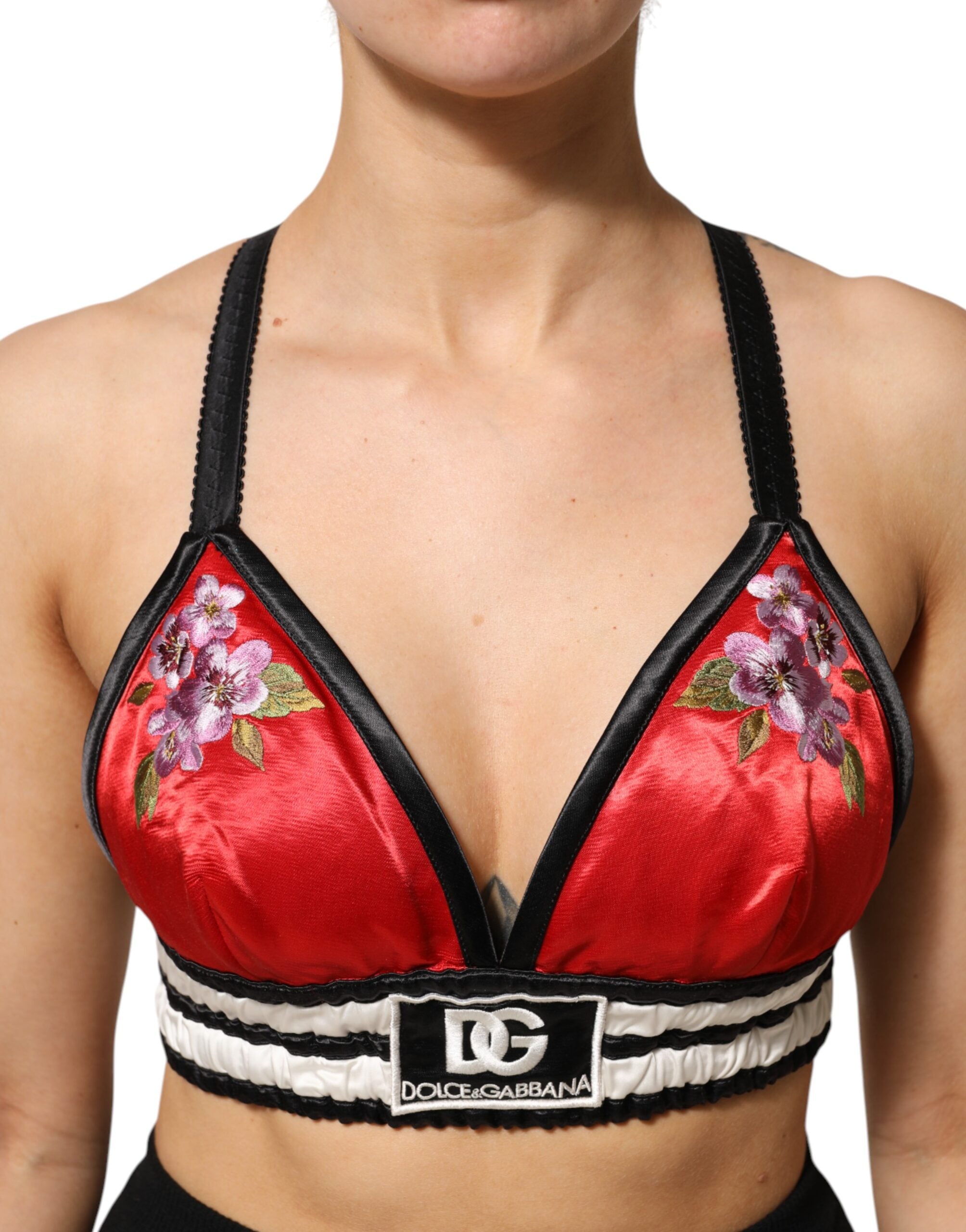 Dolce & Gabbana Red Satin Floral Embroidered Bralette Crop Top Dolce & Gabbana