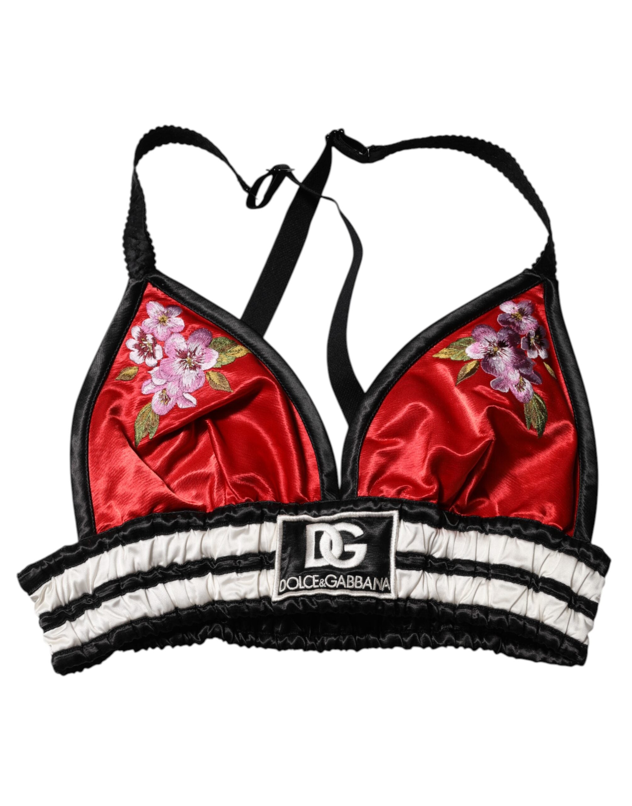 Dolce & Gabbana Red Satin Floral Embroidered Bralette Crop Top Dolce & Gabbana