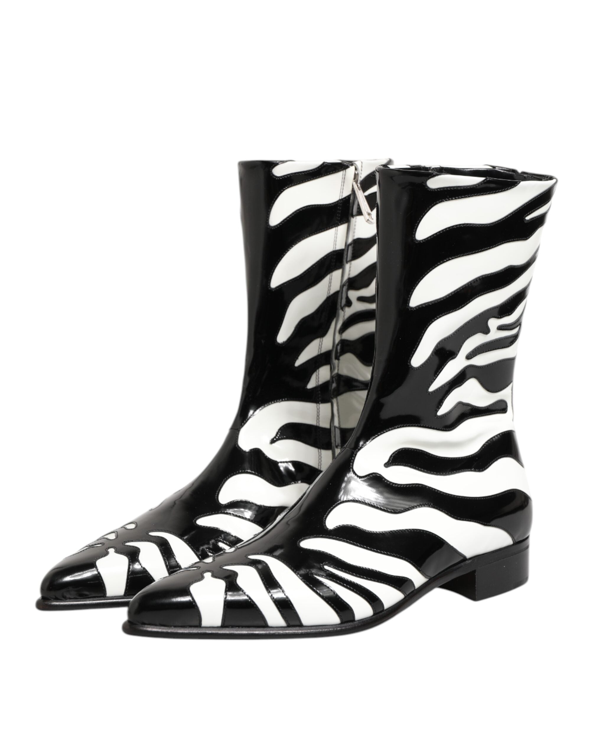 Dolce & Gabbana Black White Zebra Leather Mid Calf Boots Shoes Dolce & Gabbana