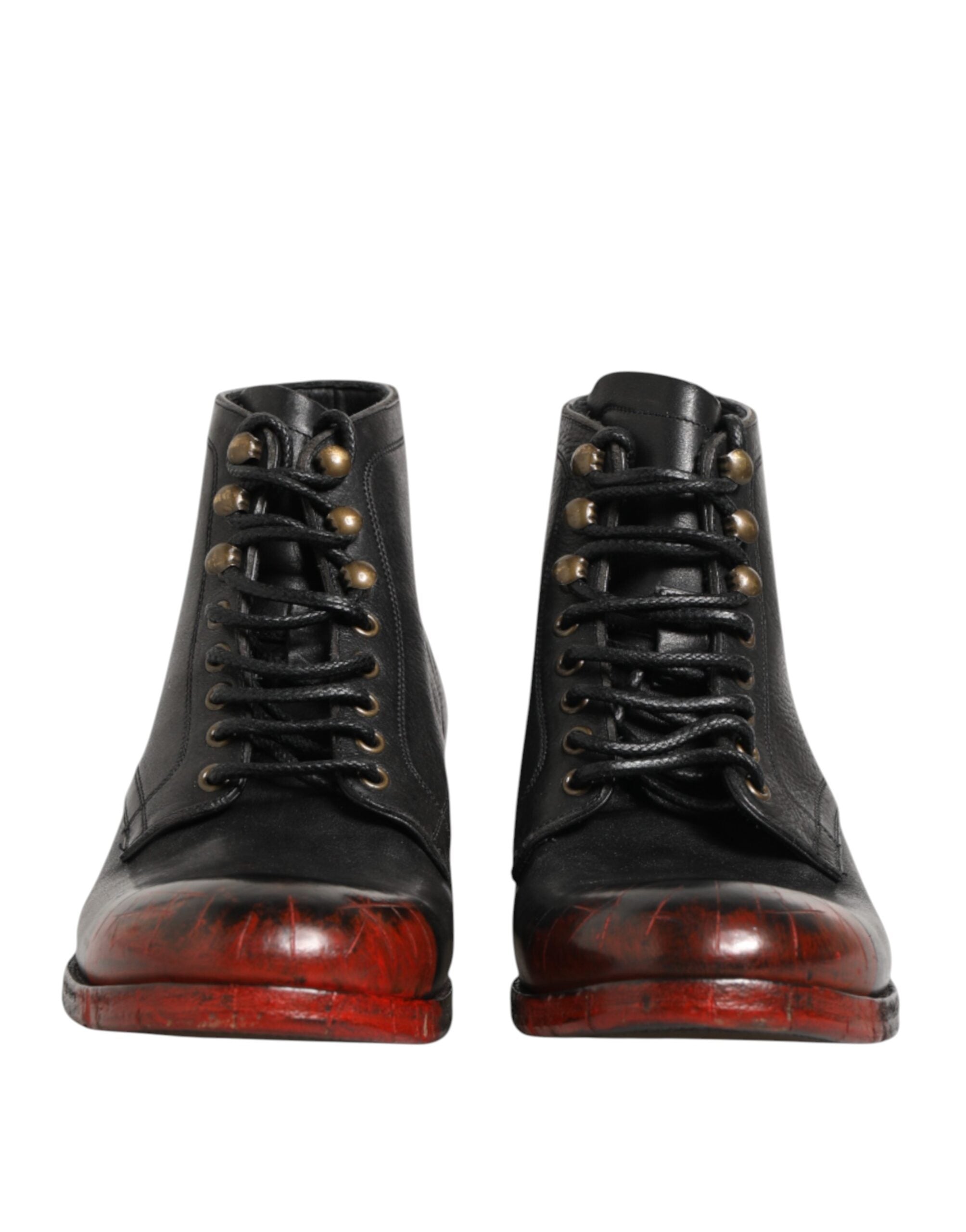 Dolce & Gabbana Black Red Lace Up Short Ankle Boot Shoes Dolce & Gabbana