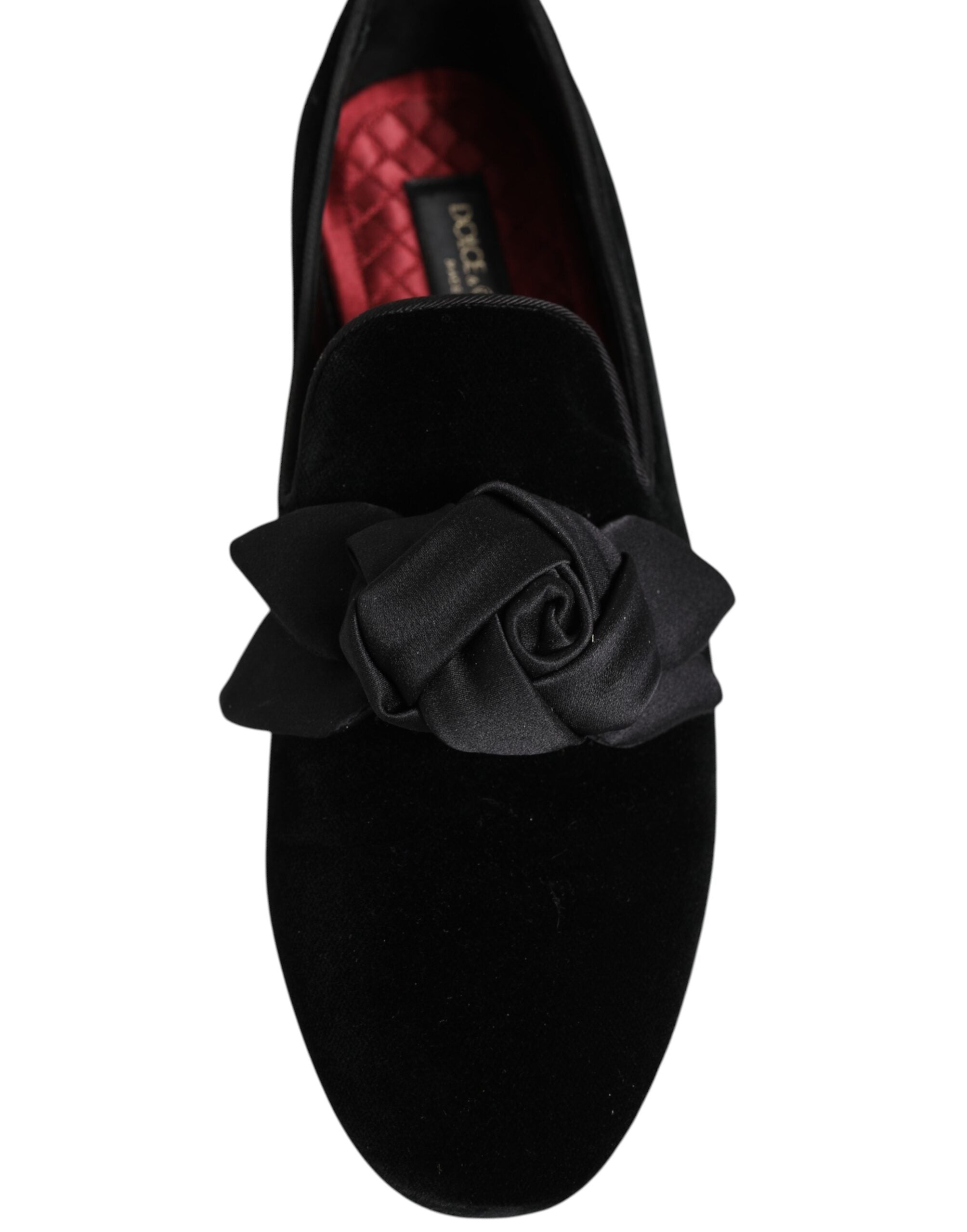 Dolce & Gabbana Black Suede Cotton Rose Slip On Loafers Shoes Dolce & Gabbana