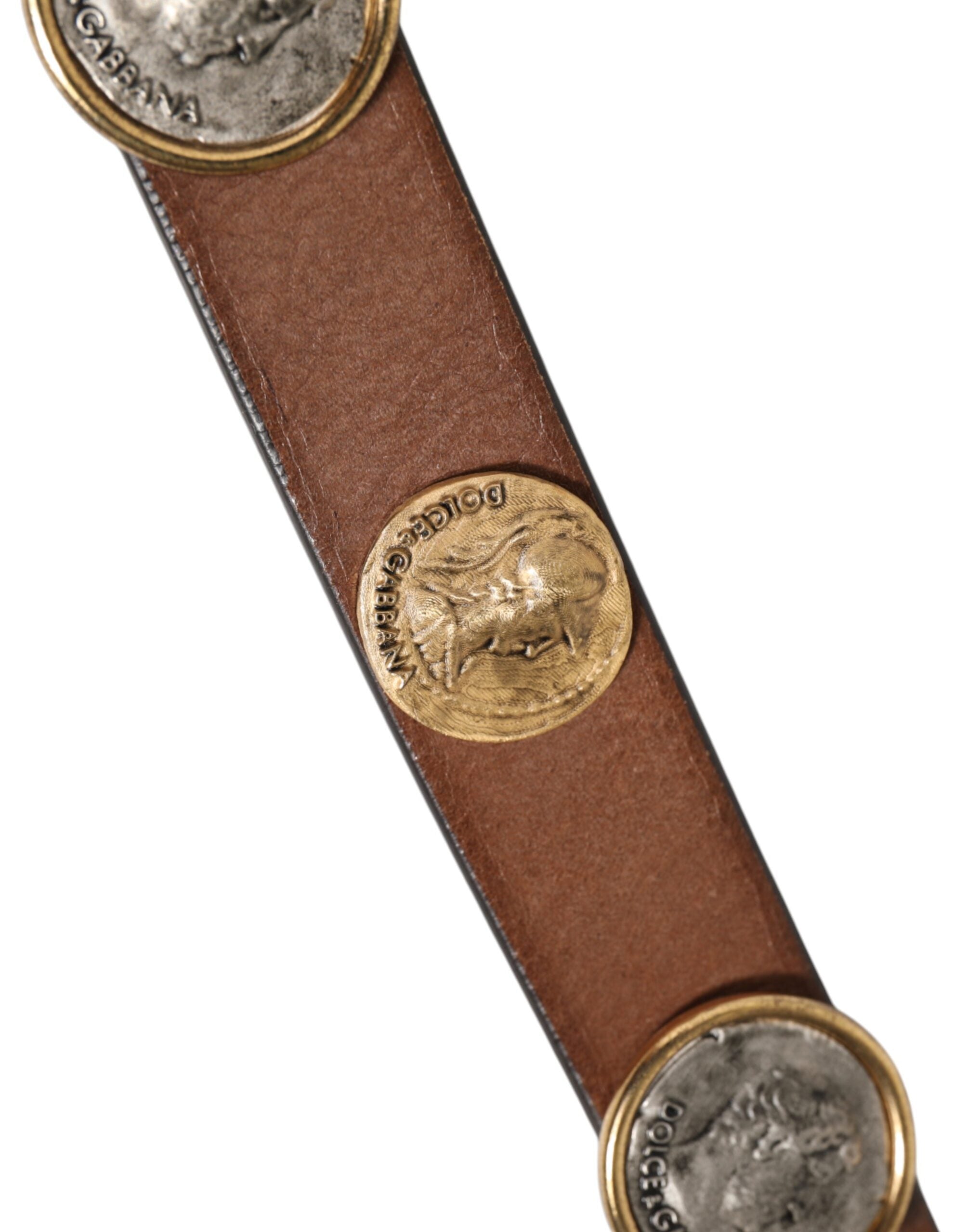 Dolce & Gabbana Brown Leather Gold Silver Coin Buckle Belt Dolce & Gabbana