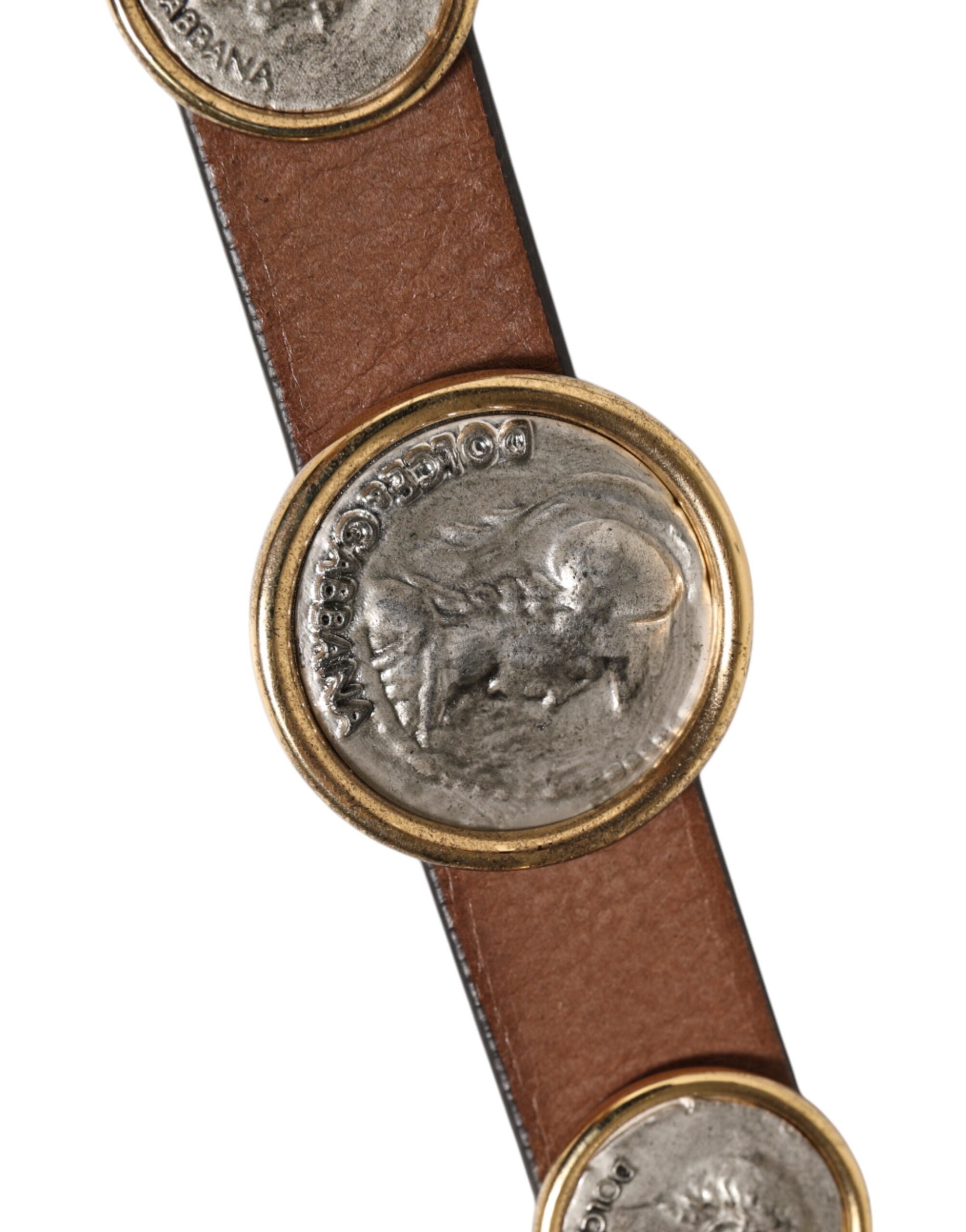 Dolce & Gabbana Brown Leather Gold Silver Coin Buckle Belt Dolce & Gabbana