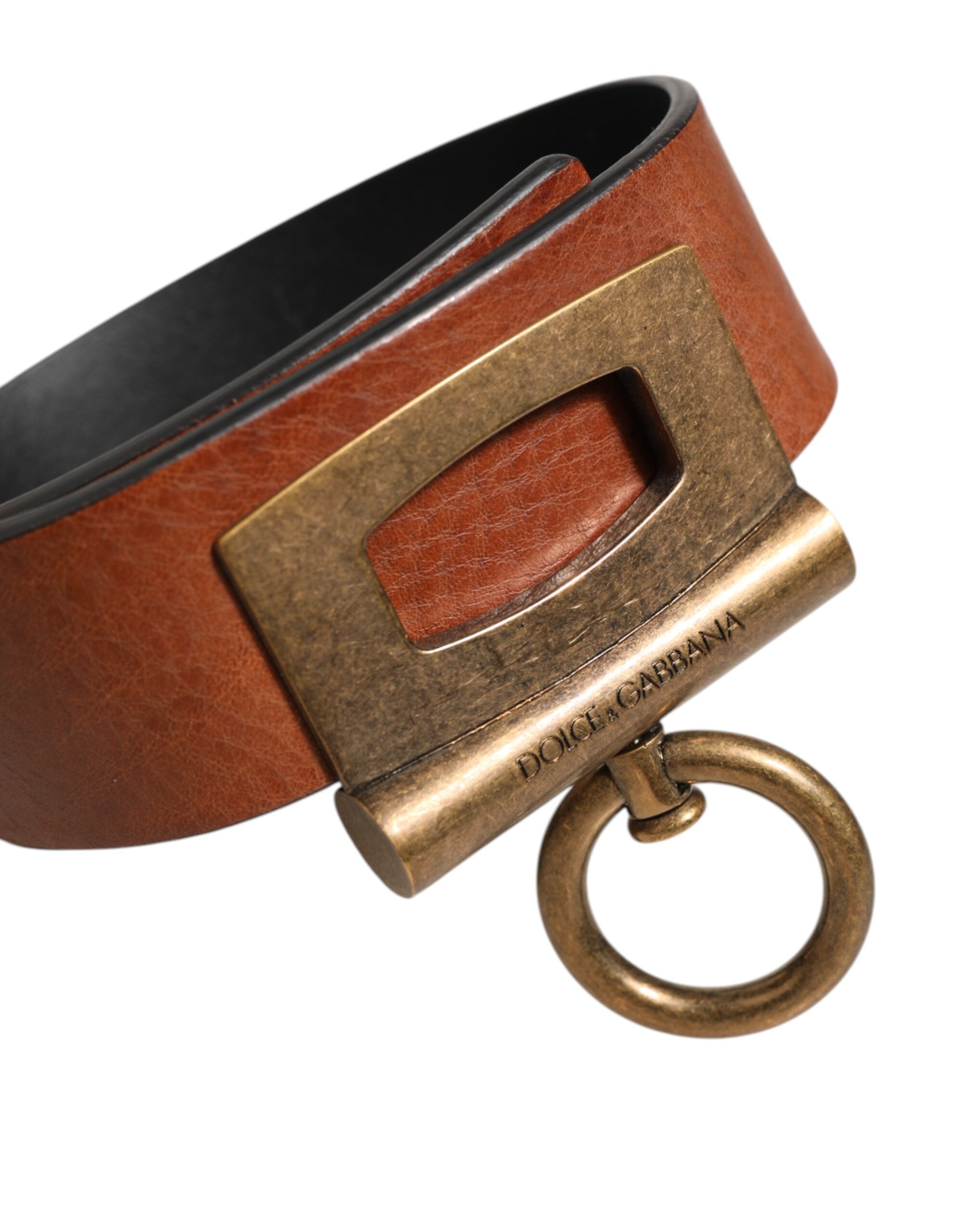 Dolce & Gabbana Brown Leather Side Rings Brass Buckle Belt Dolce & Gabbana