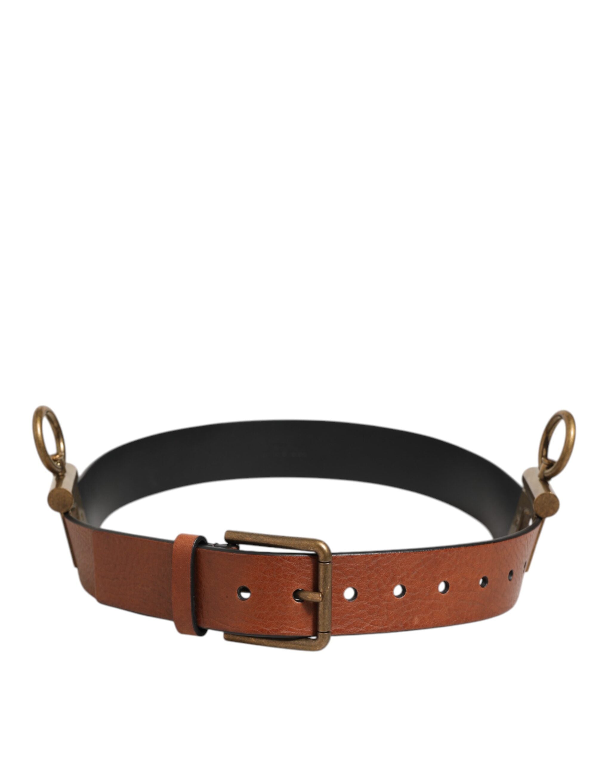 Dolce & Gabbana Brown Leather Side Rings Brass Buckle Belt Dolce & Gabbana