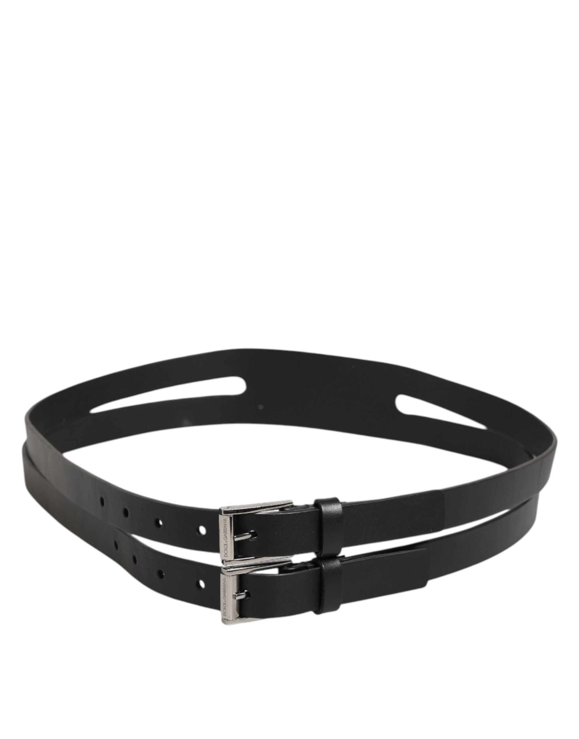 Dolce & Gabbana Black Double Strap Leather Silver Buckle Belt Dolce & Gabbana