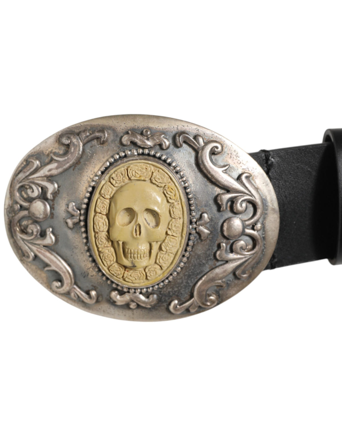 Dolce & Gabbana Black Leather Ornate Metal Buckle Men Belt