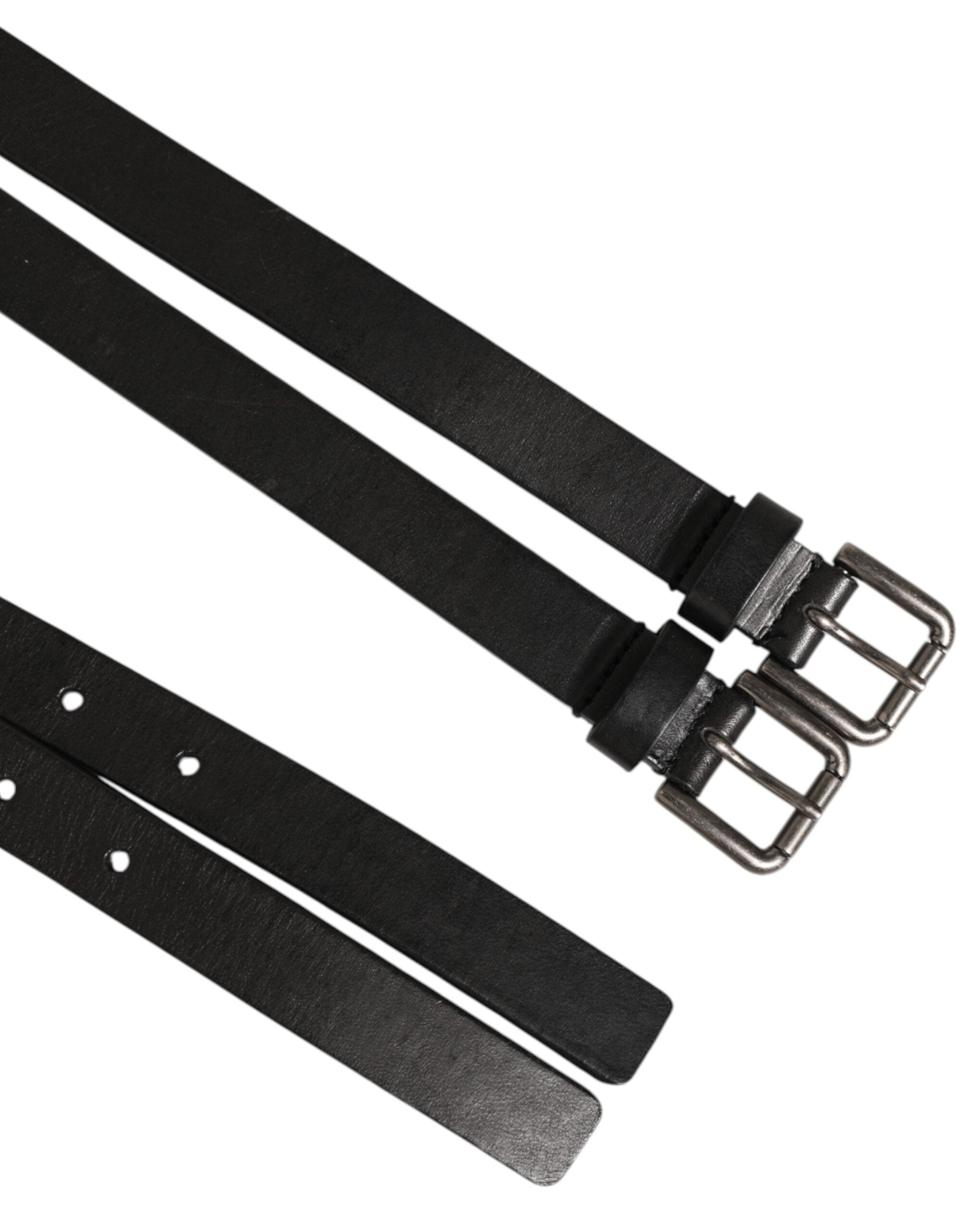 Dolce & Gabbana Black Double Strap Leather Silver Buckle Belt Dolce & Gabbana