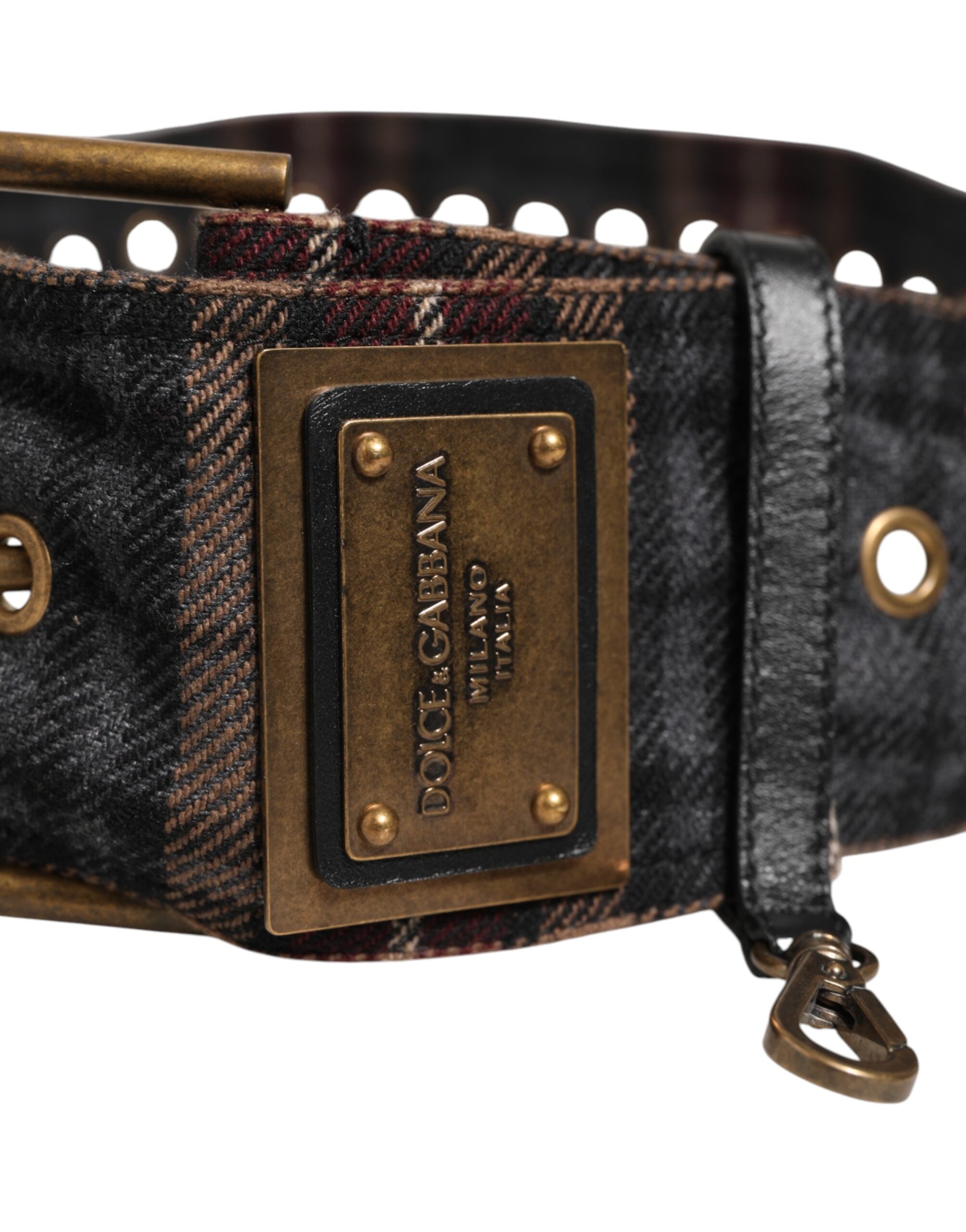 Dolce & Gabbana Plaid Fabric Logo Plate Brass Buckle Belt Dolce & Gabbana
