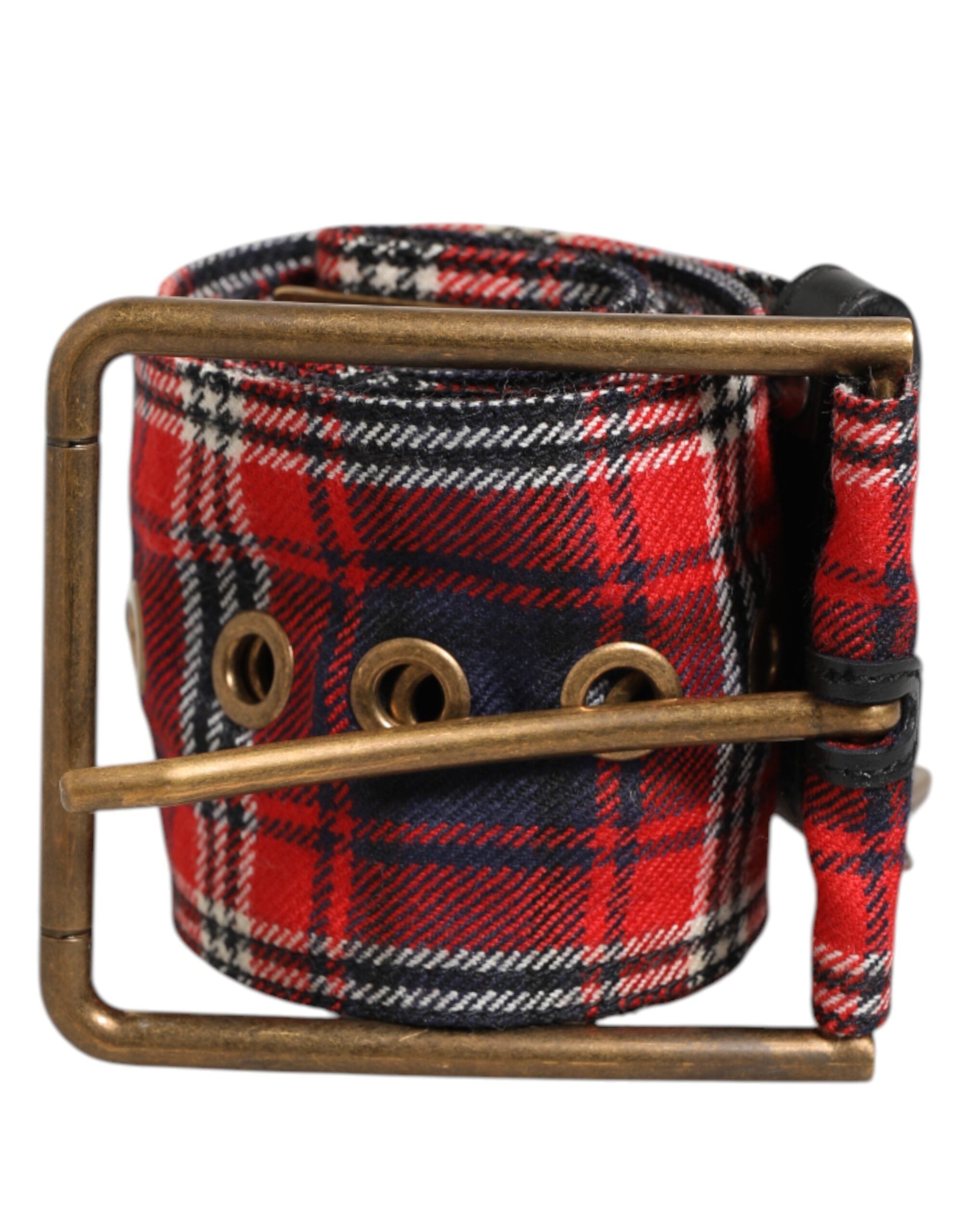 Dolce & Gabbana Red Plaid Fabric Logo Plate Brass Buckle Belt Dolce & Gabbana