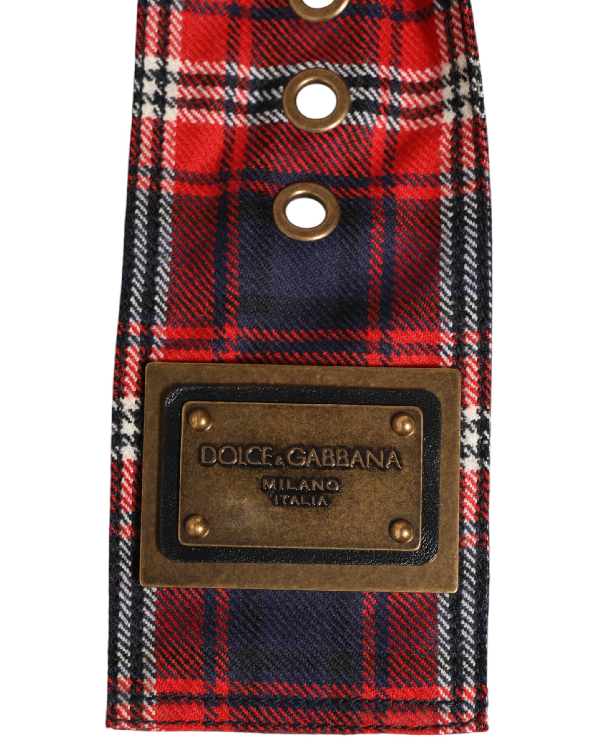 Dolce & Gabbana Red Plaid Fabric Logo Plate Brass Buckle Belt Dolce & Gabbana