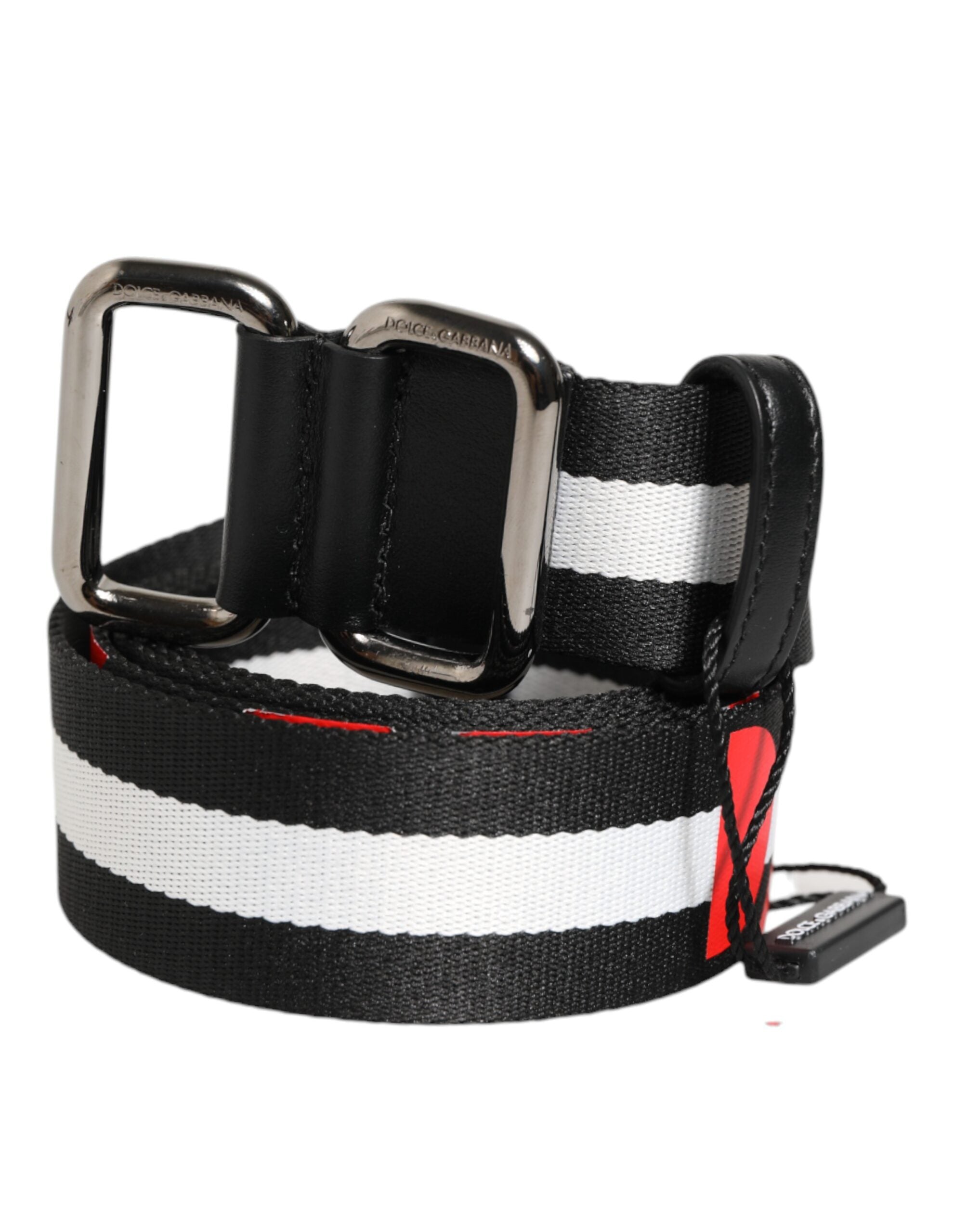 Dolce & Gabbana Black White Striped Logo Metal Buckle Belt Dolce & Gabbana