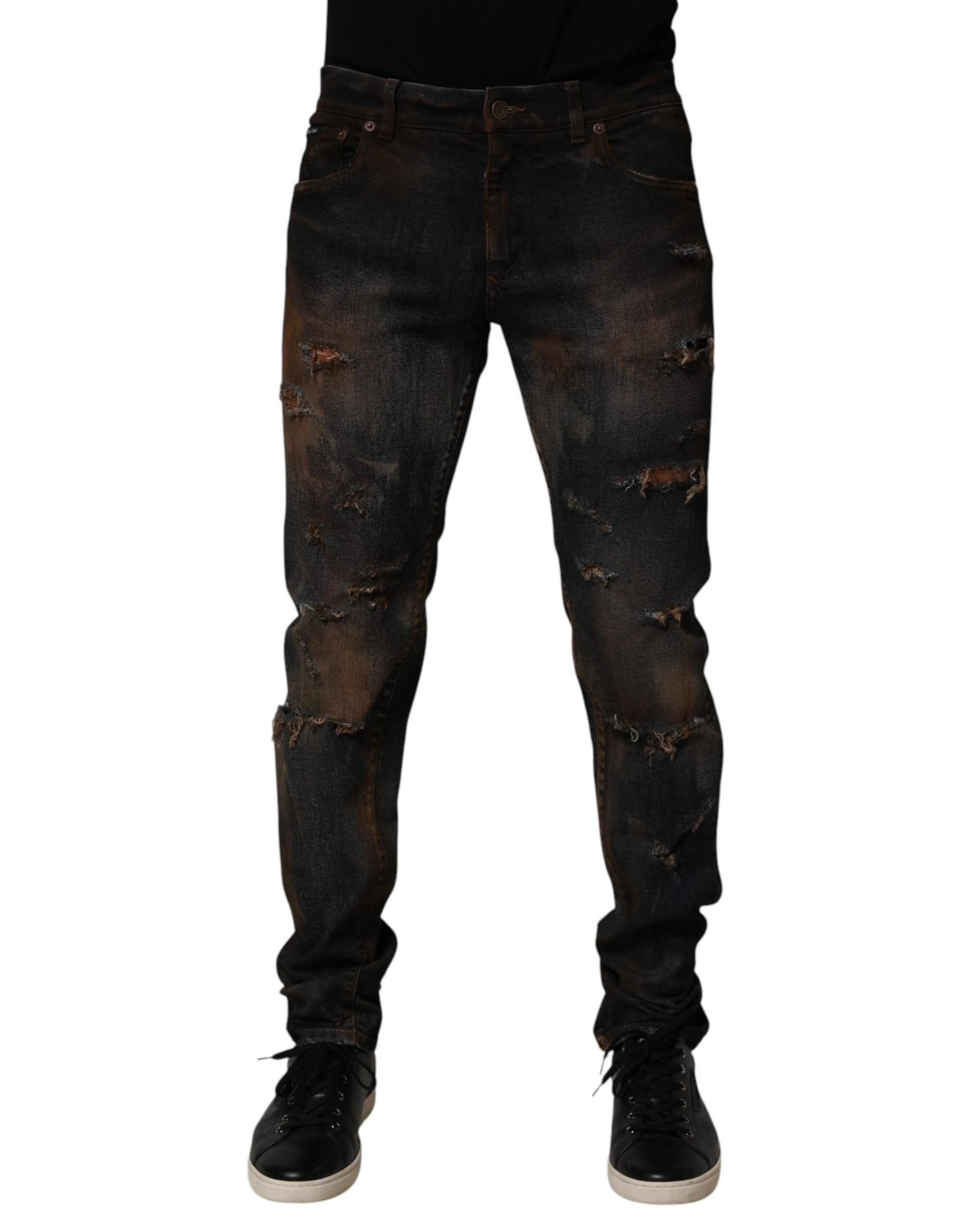 Dolce & Gabbana Black Cotton Skinny Tattered Men Denim Jeans Dolce & Gabbana