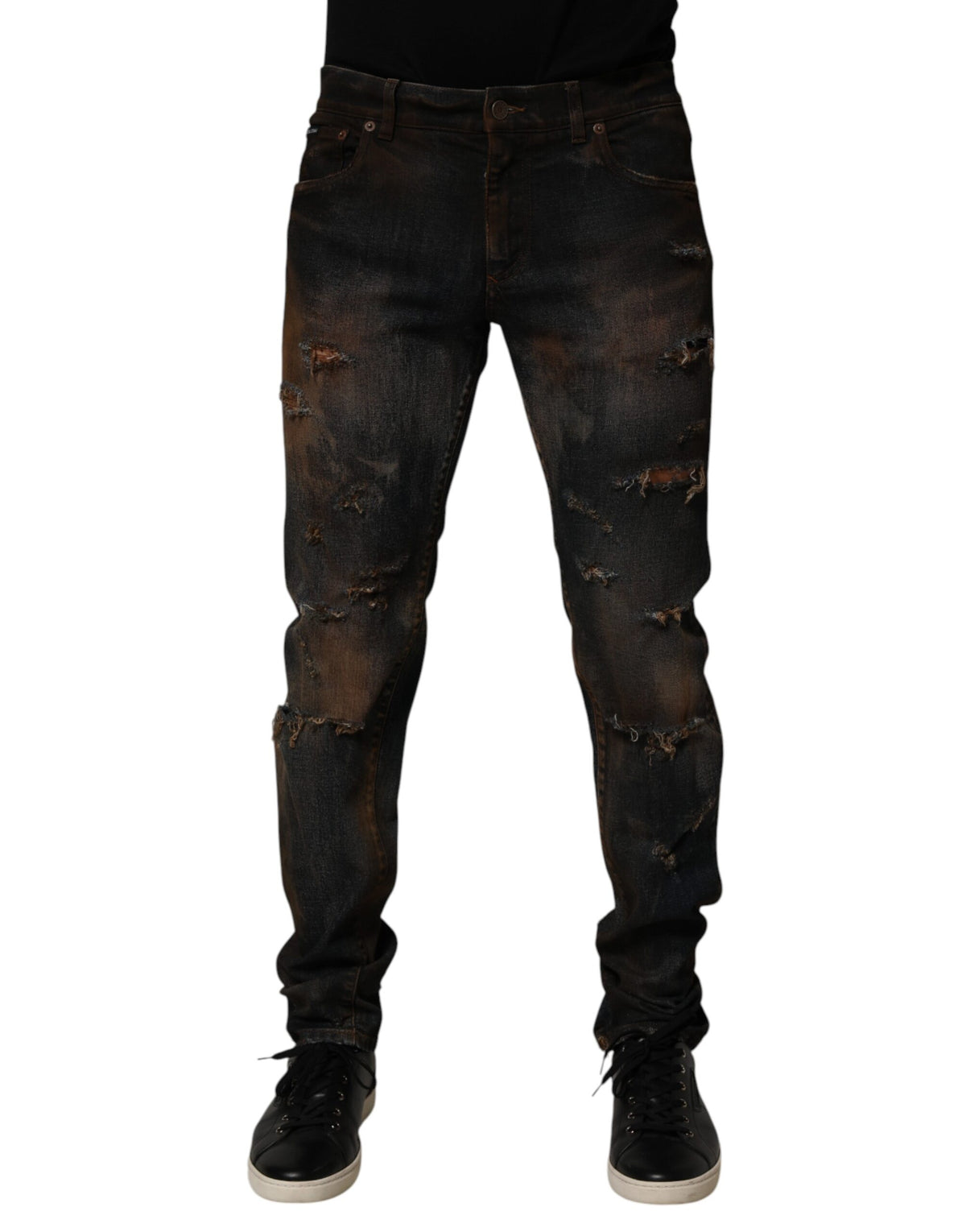Dolce & Gabbana Black Cotton Skinny Tattered Men Denim Jeans