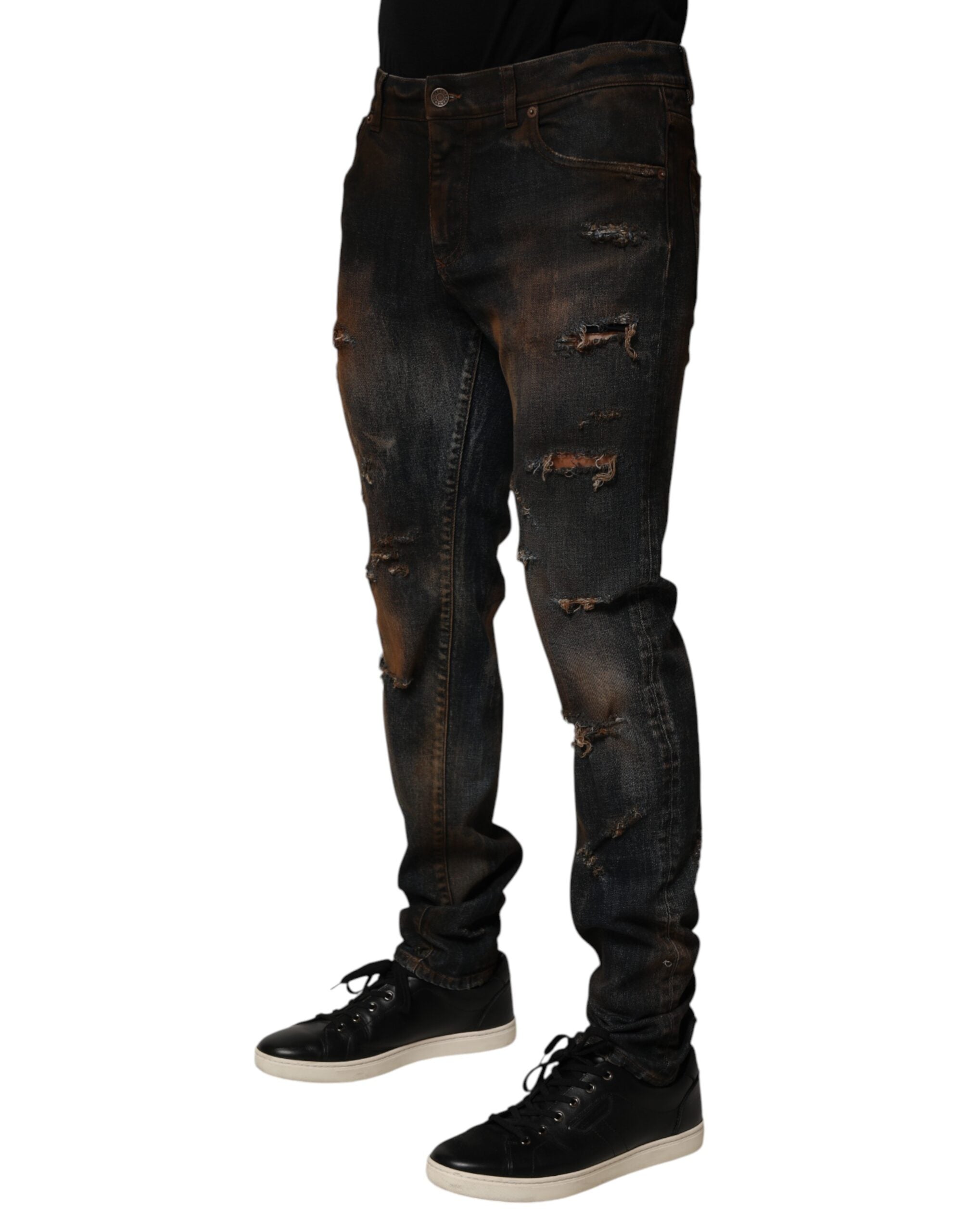 Dolce & Gabbana Black Cotton Skinny Tattered Men Denim Jeans Dolce & Gabbana