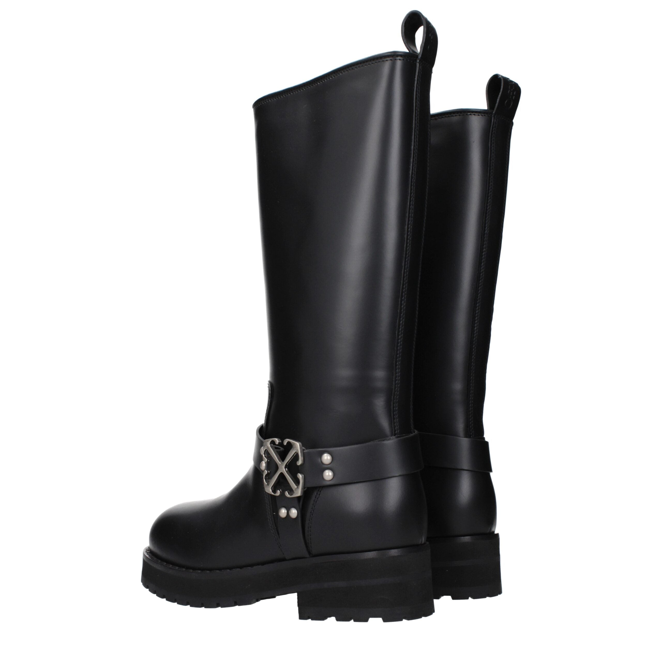 Off-White Black Leather Flat Boots Off-White