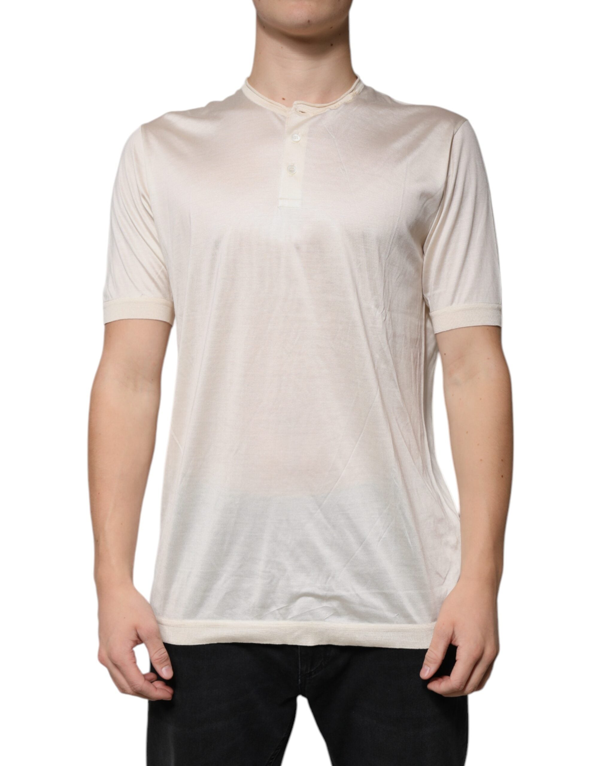 Dolce & Gabbana Off White Silk Henley Short Sleeves T-Shirt Dolce & Gabbana