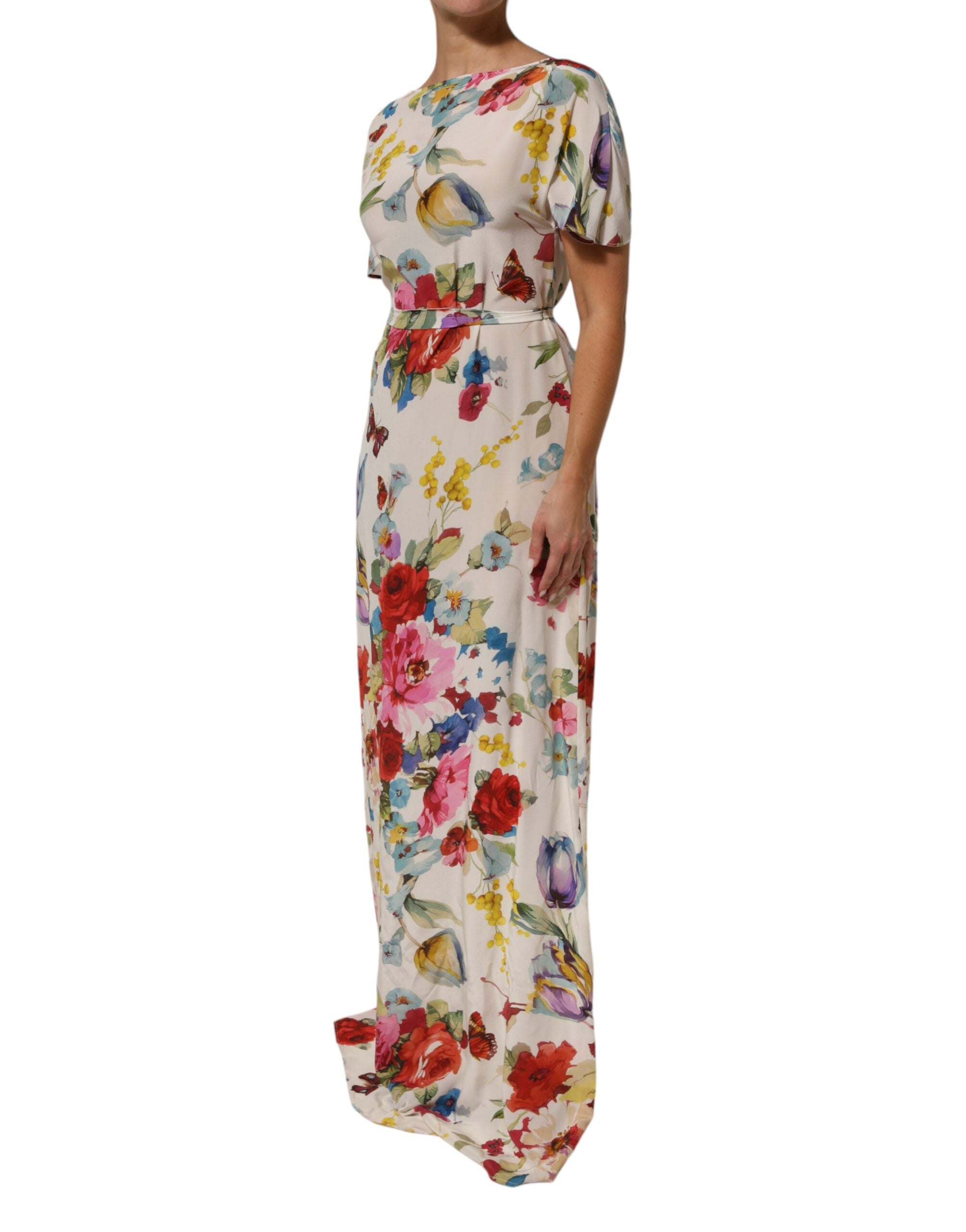 Dolce & Gabbana White Floral Print Silk Sheath LongGown Dress Dolce & Gabbana