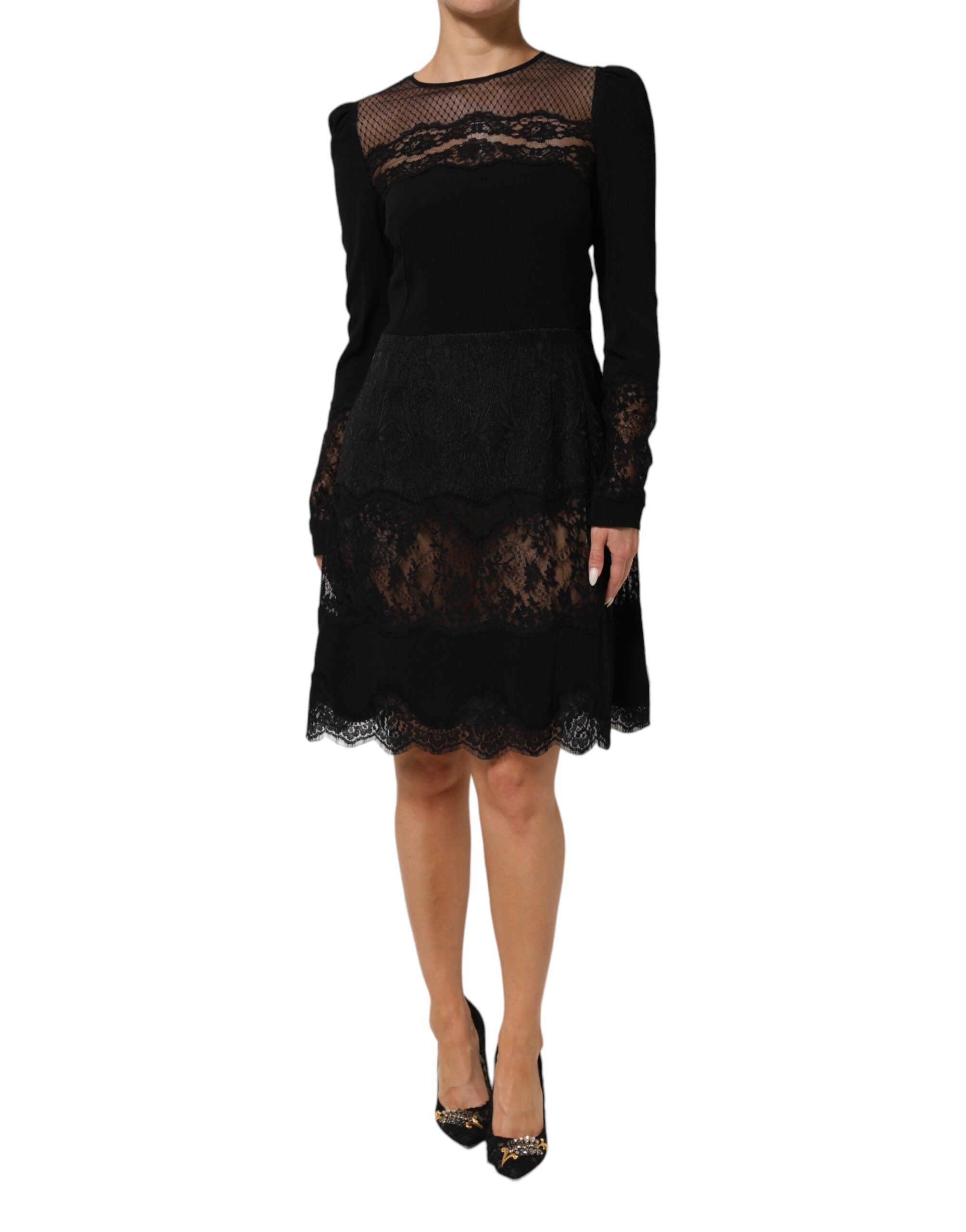 Dolce & Gabbana Black Floral Lace Trim Sheath A-line Dress Dolce & Gabbana