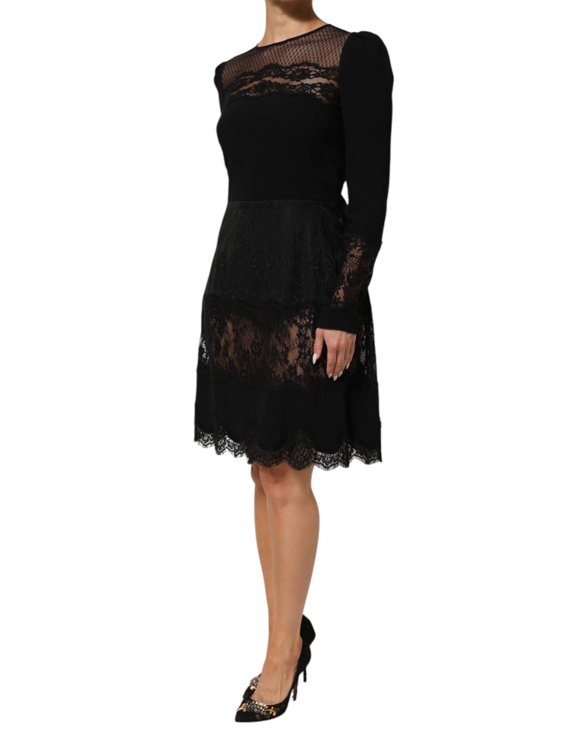 Dolce & Gabbana Black Floral Lace Trim Sheath A-line Dress Dolce & Gabbana