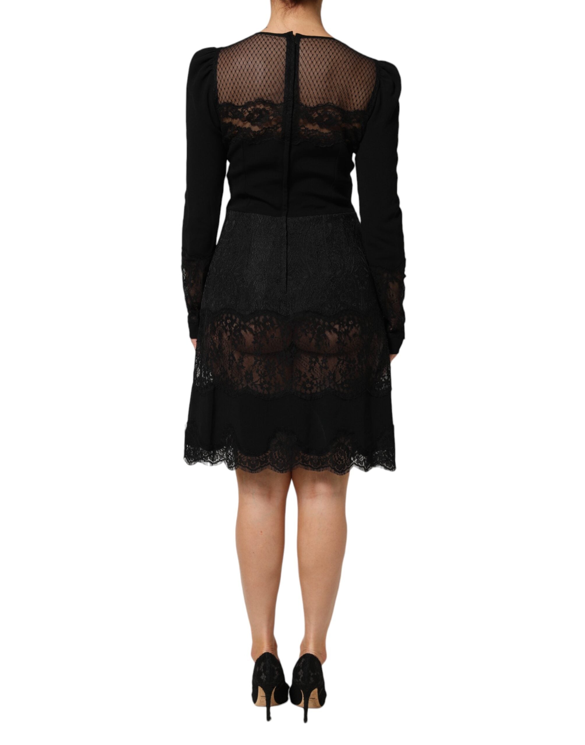 Dolce & Gabbana Black Floral Lace Trim Sheath A-line Dress Dolce & Gabbana