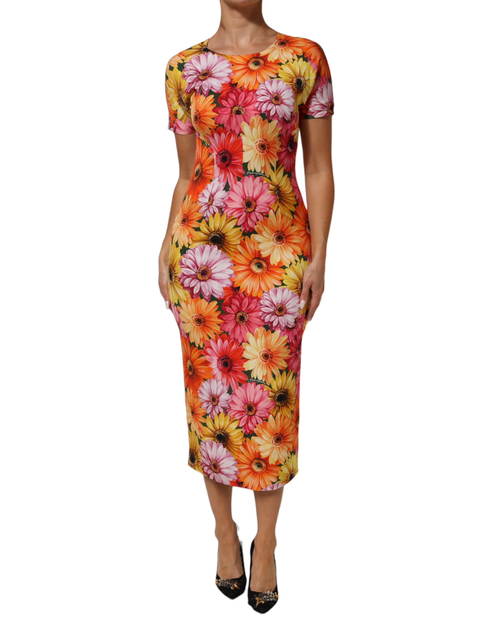 Dolce & Gabbana Multicolor Floral Print SilkSheath Midi Dress Dolce & Gabbana