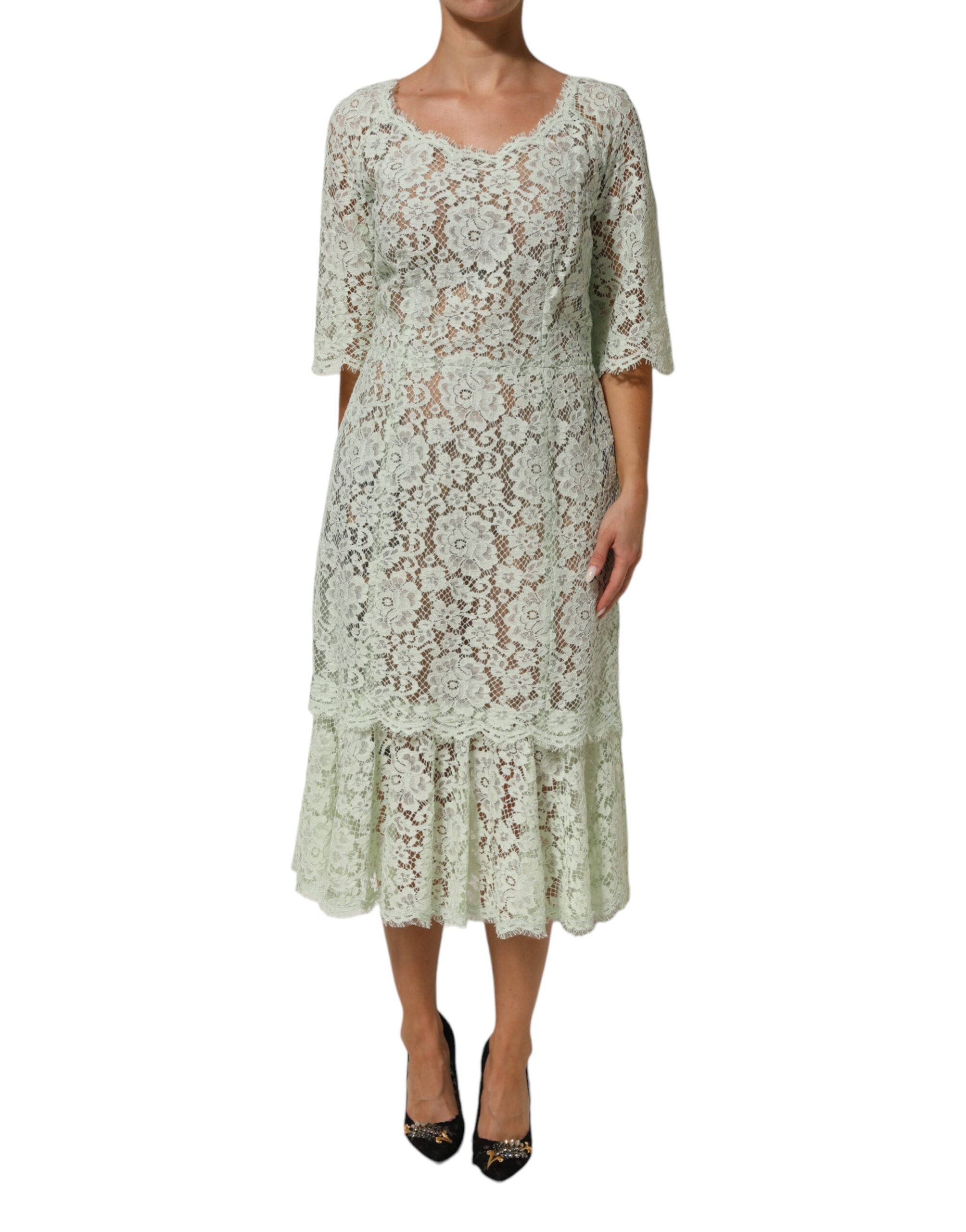Dolce & Gabbana Mint Green Floral Lace Trim Midi Dress Dolce & Gabbana