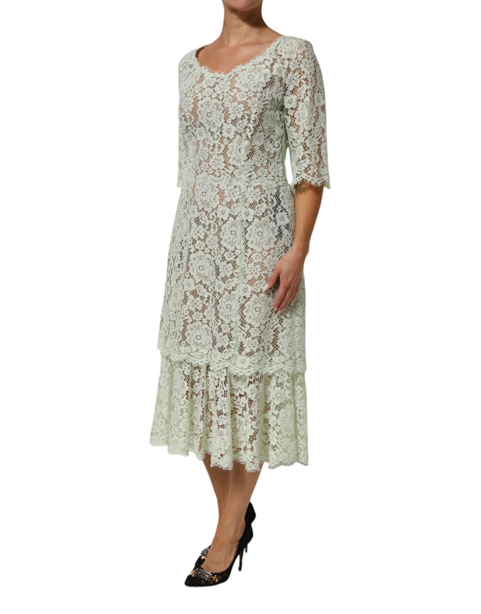 Dolce & Gabbana Mint Green Floral Lace Trim Midi Dress Dolce & Gabbana