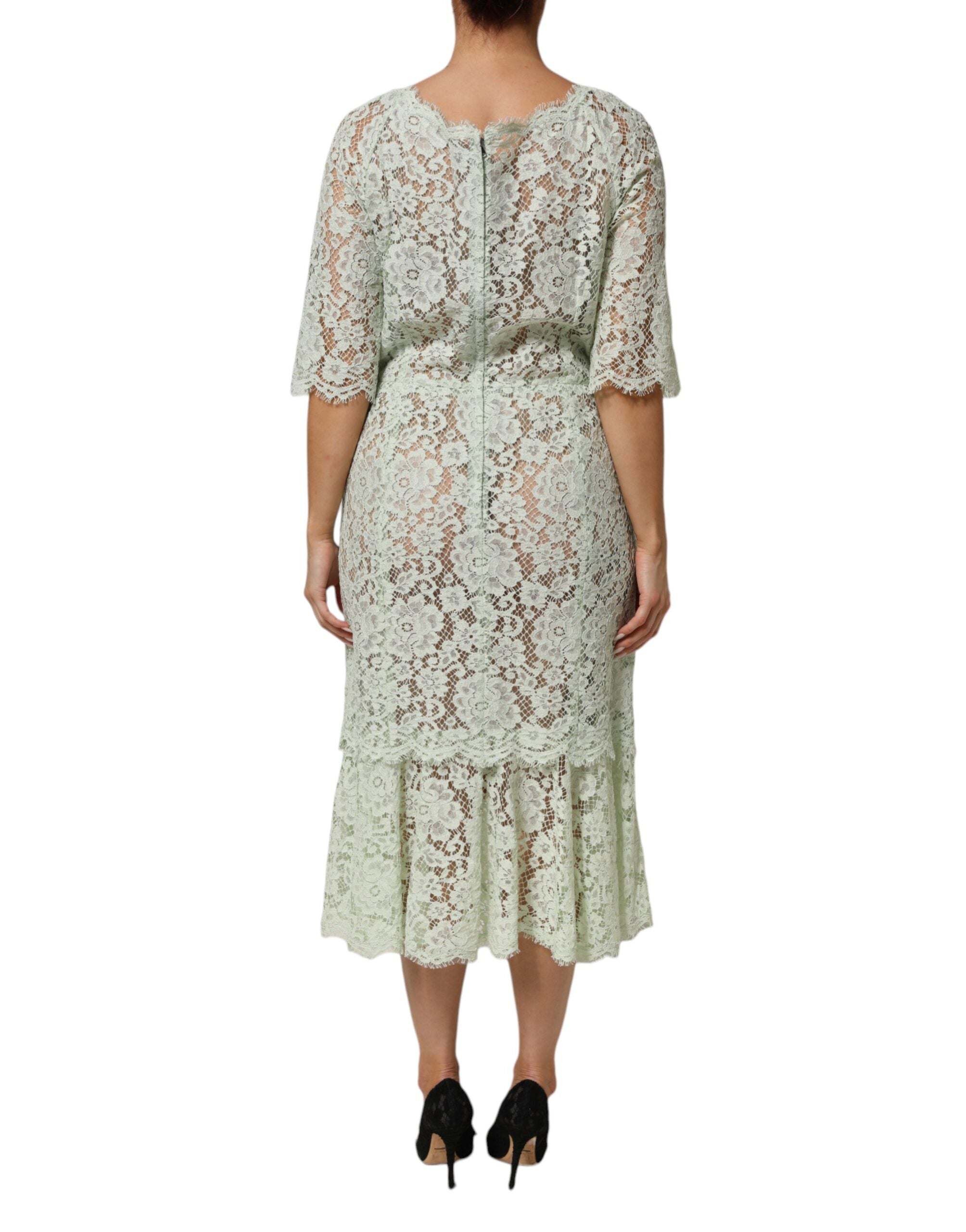 Dolce & Gabbana Mint Green Floral Lace Trim Midi Dress Dolce & Gabbana