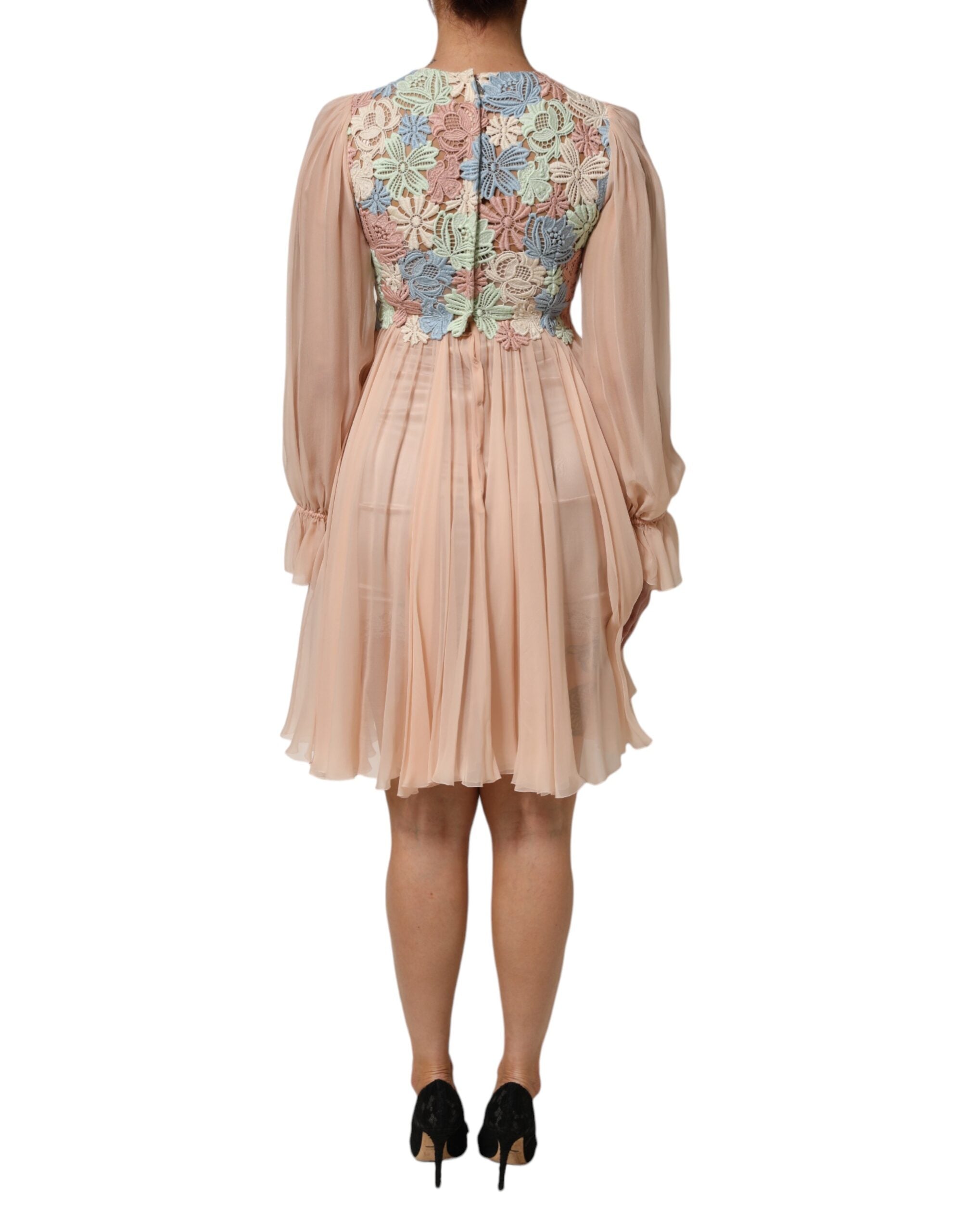 Dolce & Gabbana Pink Floral Embroidery Pleated A-line Dress Dolce & Gabbana