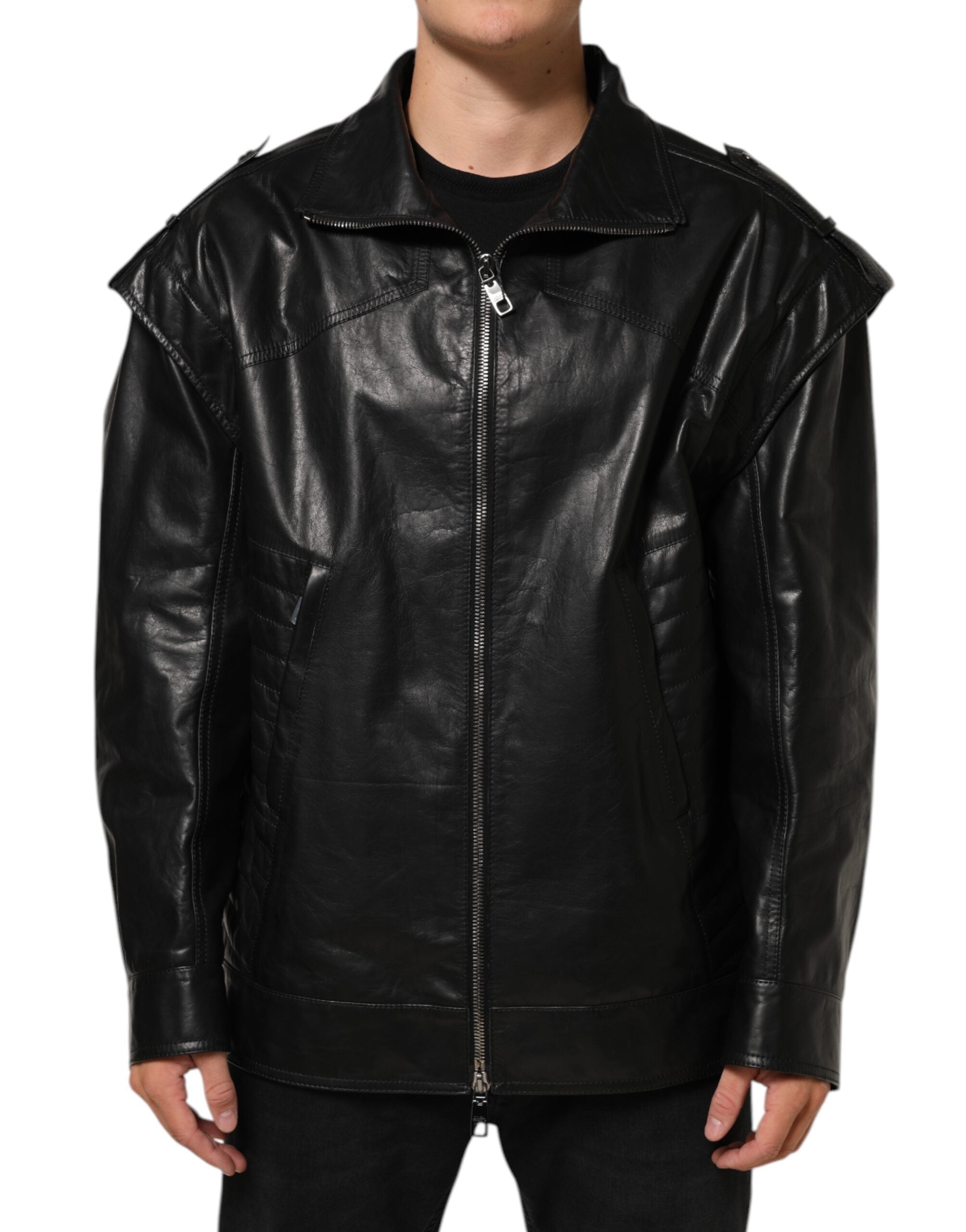 Dolce & Gabbana Black Leather Full Zip Biker Blouson Jacket Dolce & Gabbana