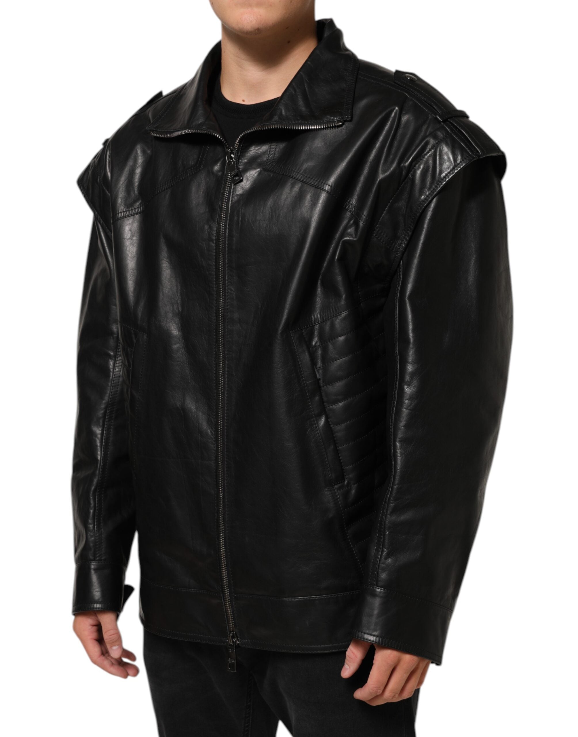 Dolce & Gabbana Black Leather Full Zip Biker Blouson Jacket Dolce & Gabbana