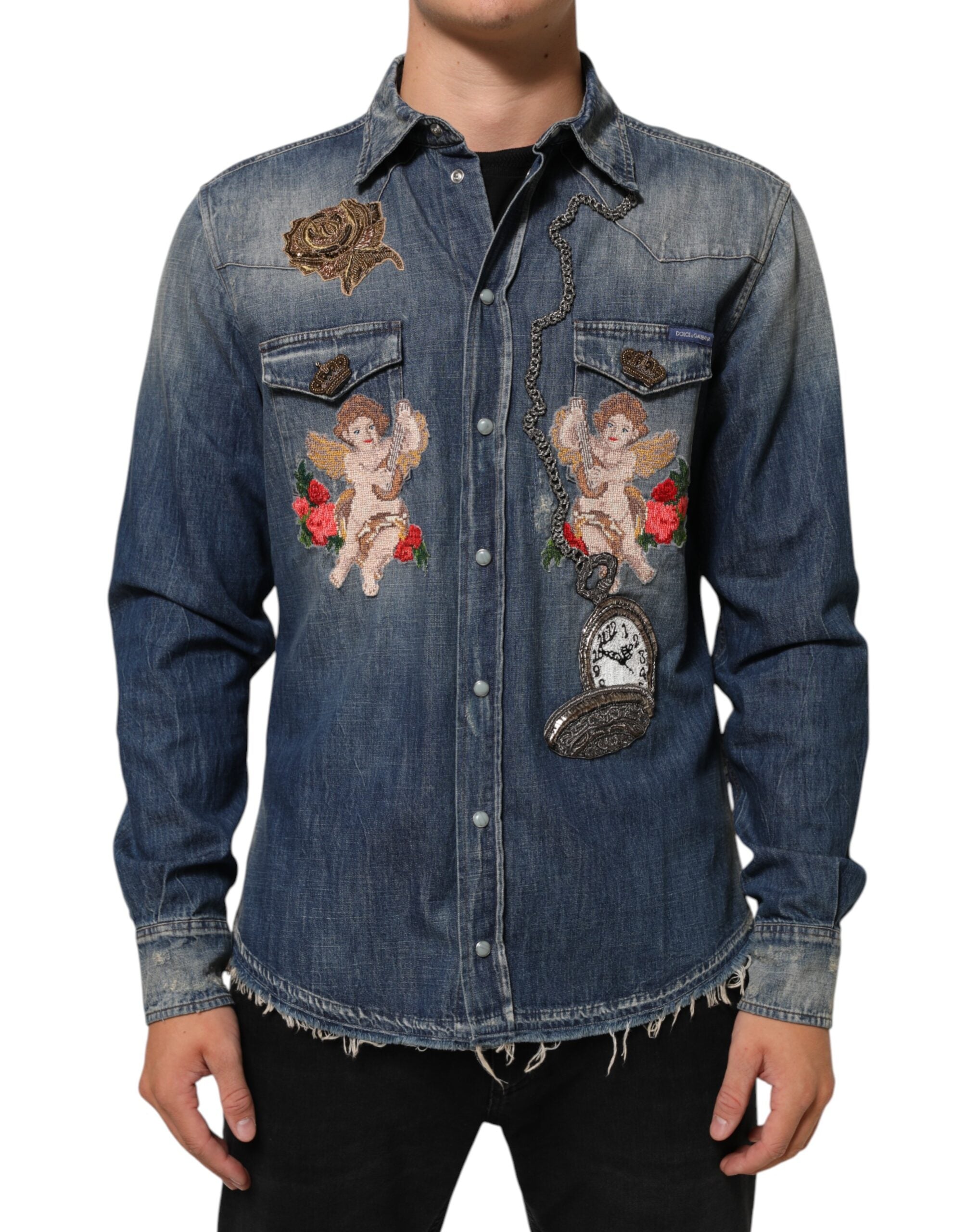 Dolce & Gabbana Blue Angel Patch Denim Buttoned Down Men Shirt Dolce & Gabbana