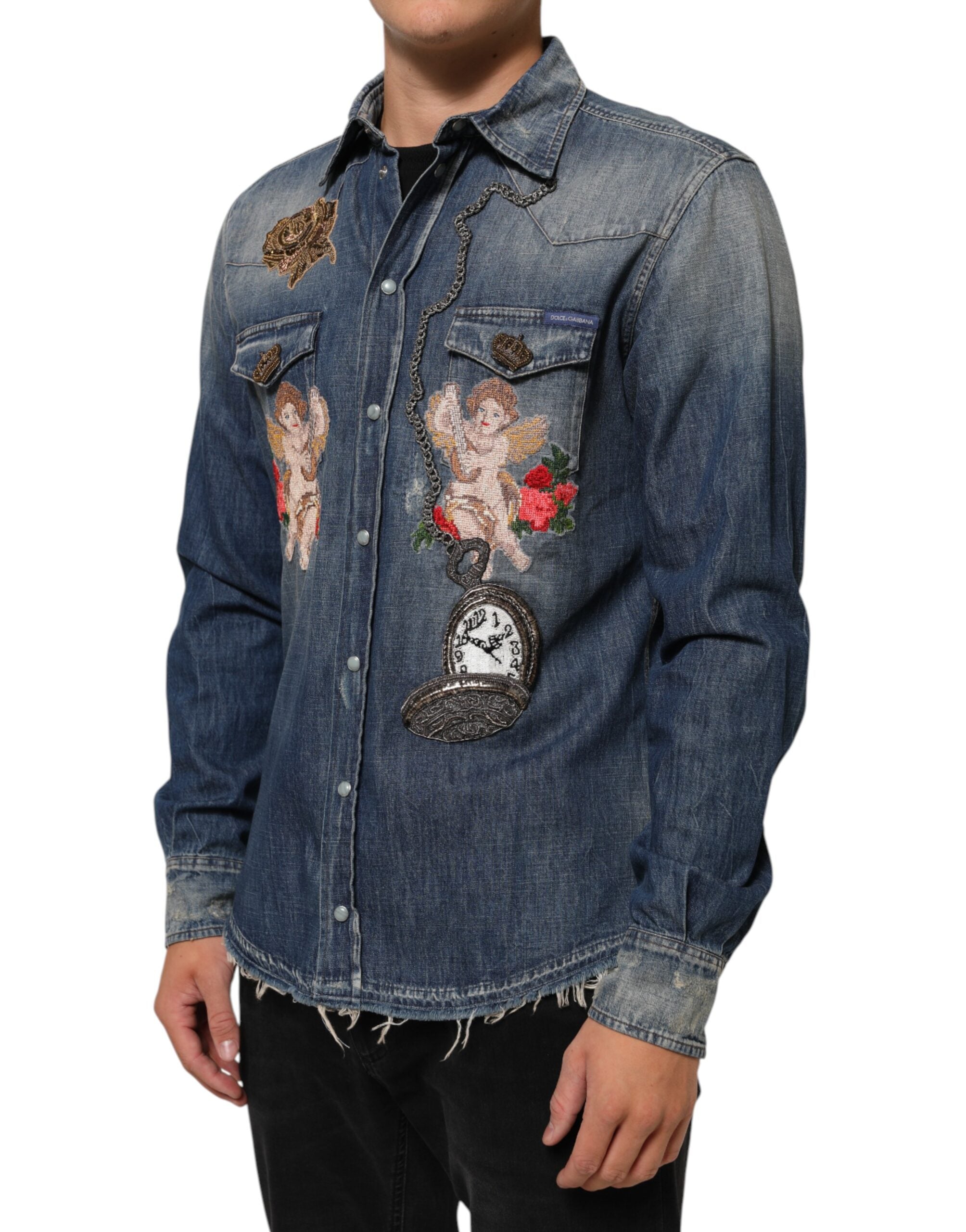 Dolce & Gabbana Blue Angel Patch Denim Buttoned Down Men Shirt Dolce & Gabbana