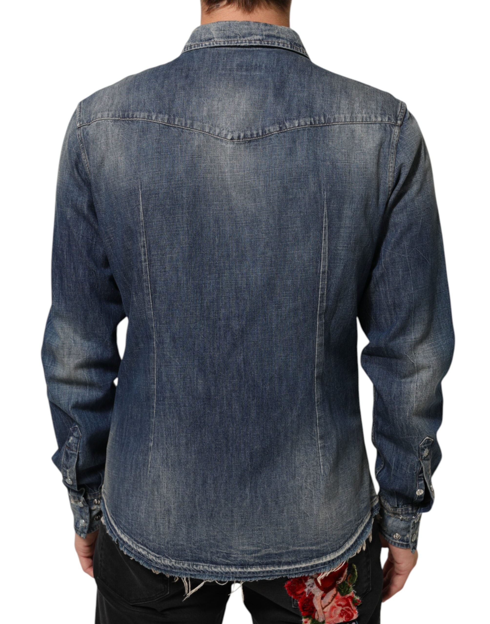Dolce & Gabbana Blue Angel Patch Denim Buttoned Down Men Shirt Dolce & Gabbana