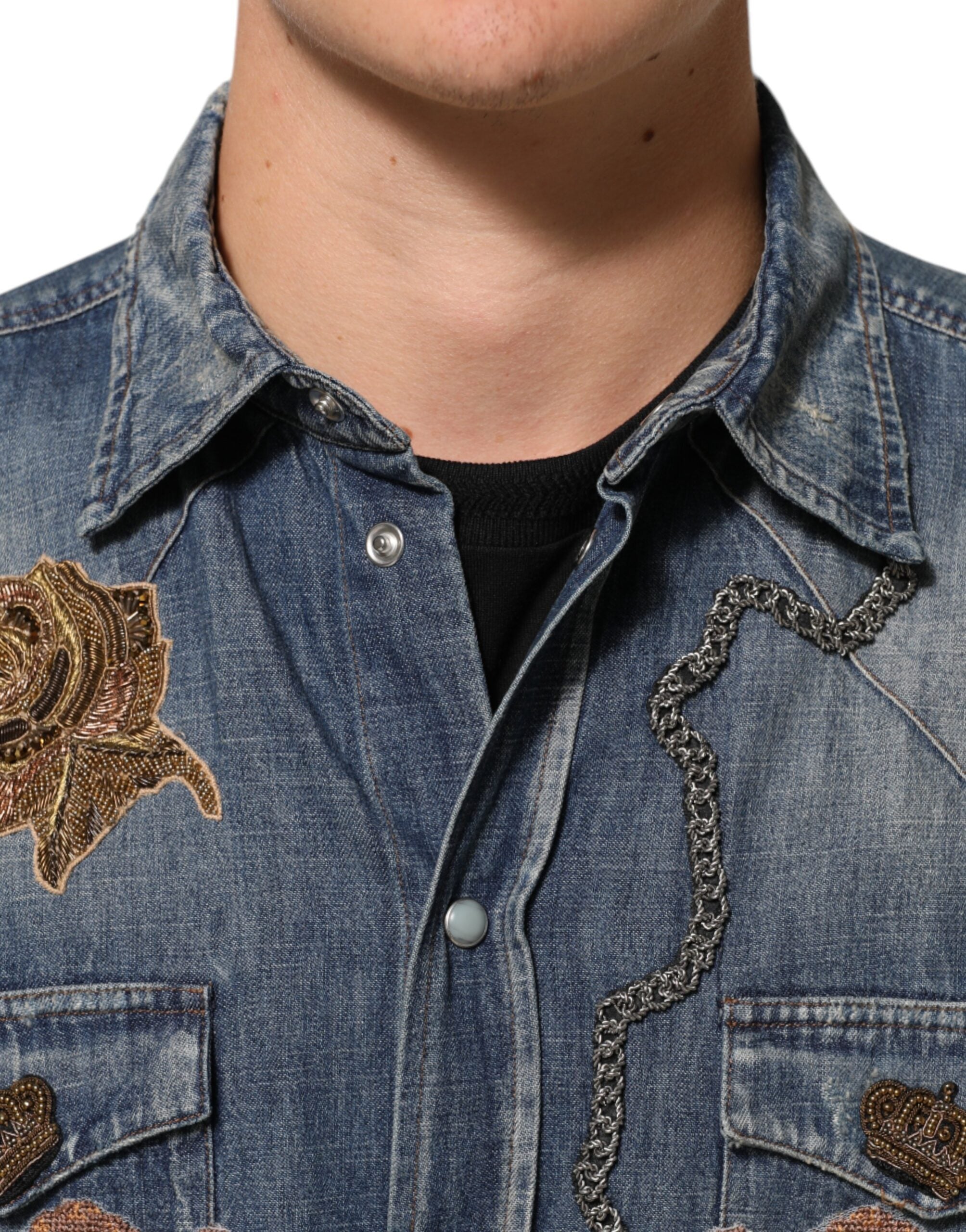 Dolce & Gabbana Blue Angel Patch Denim Buttoned Down Men Shirt Dolce & Gabbana