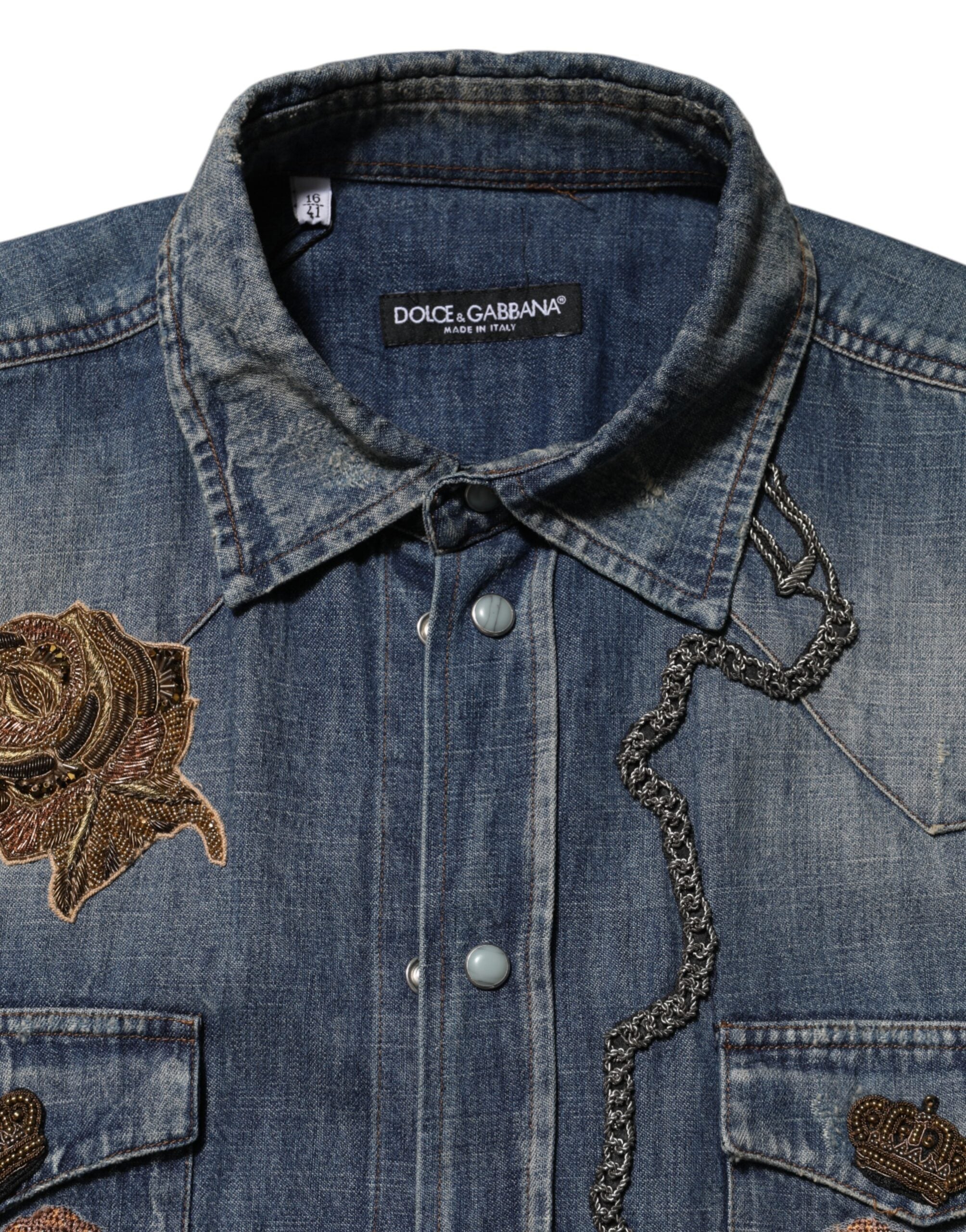 Dolce & Gabbana Blue Angel Patch Denim Buttoned Down Men Shirt Dolce & Gabbana