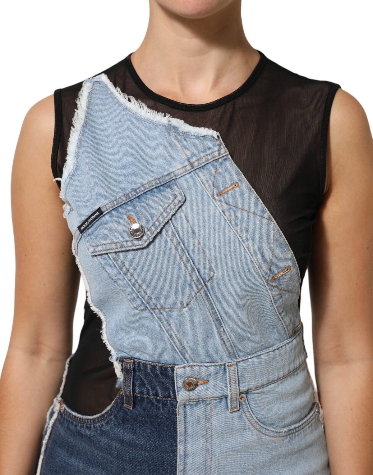Dolce & Gabbana Blue Nylon Patchwork Denim Sheath Mini Dress