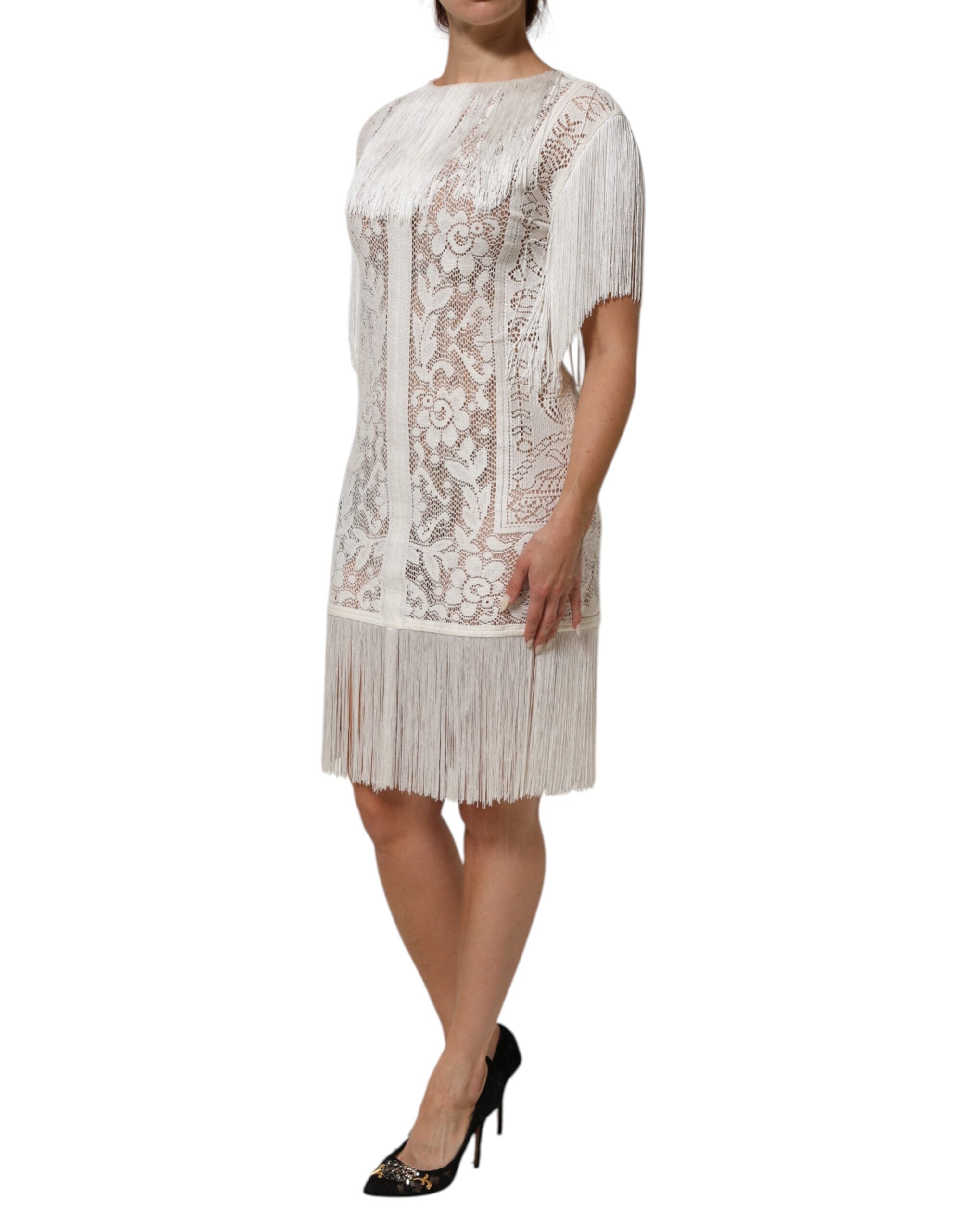 Dolce & Gabbana White Floral Lace Fringe Knee Length Dress Dolce & Gabbana