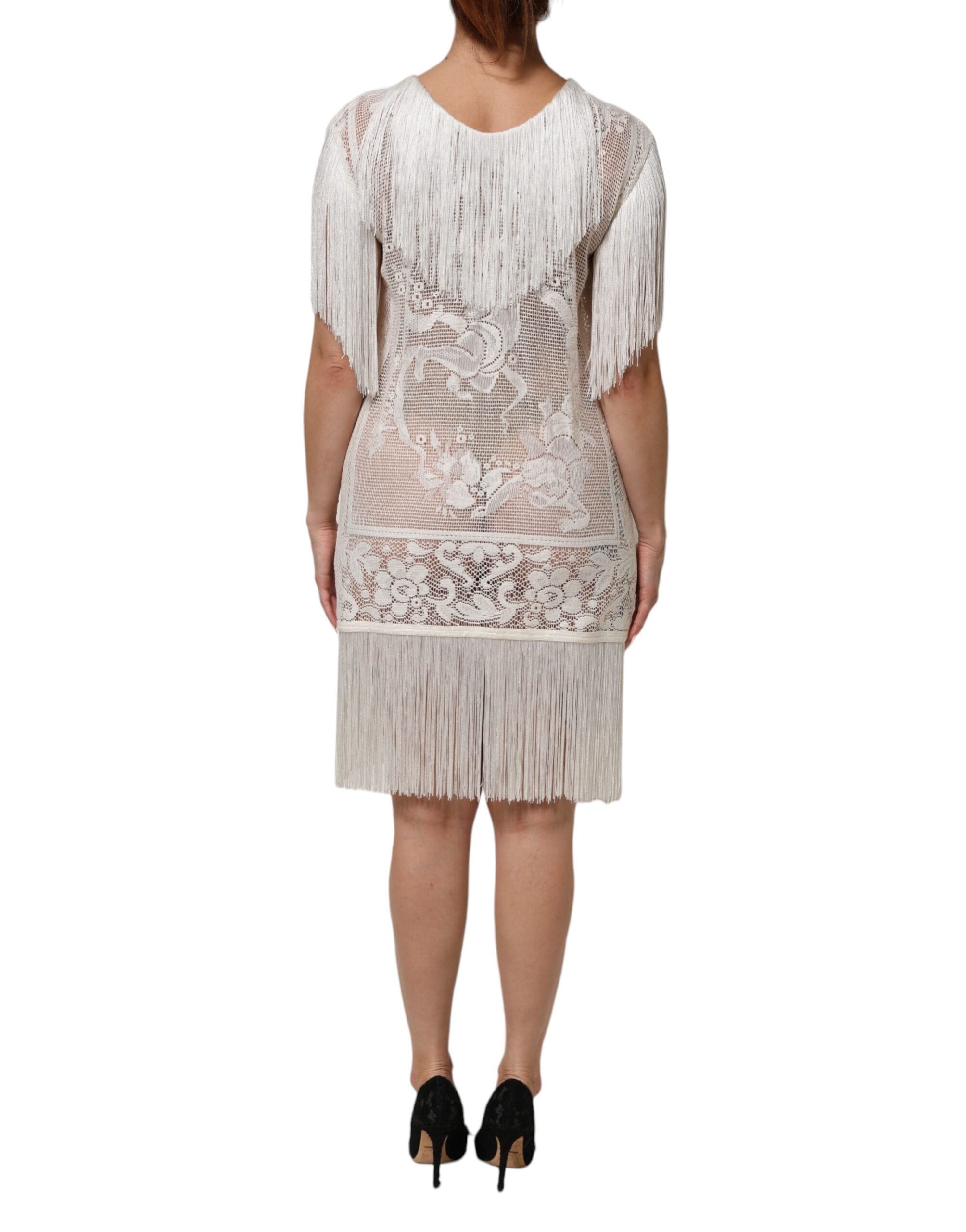 Dolce & Gabbana White Floral Lace Fringe Knee Length Dress Dolce & Gabbana