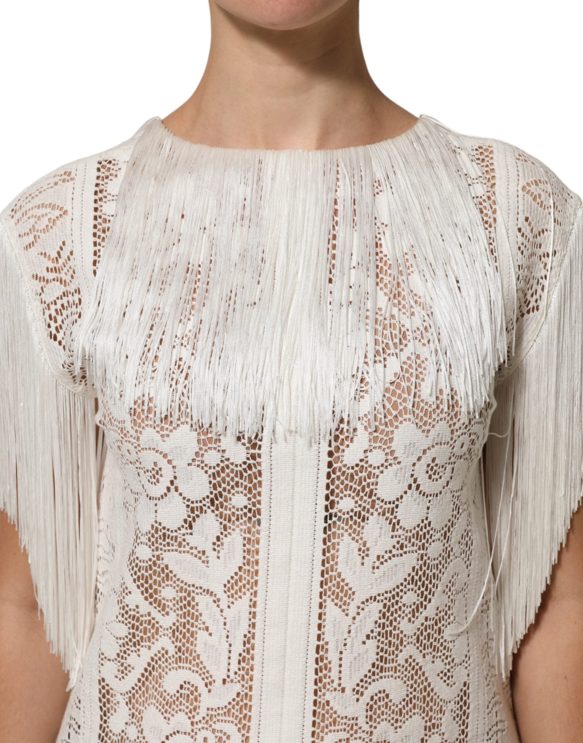 Dolce & Gabbana White Floral Lace Fringe Knee Length Dress Dolce & Gabbana
